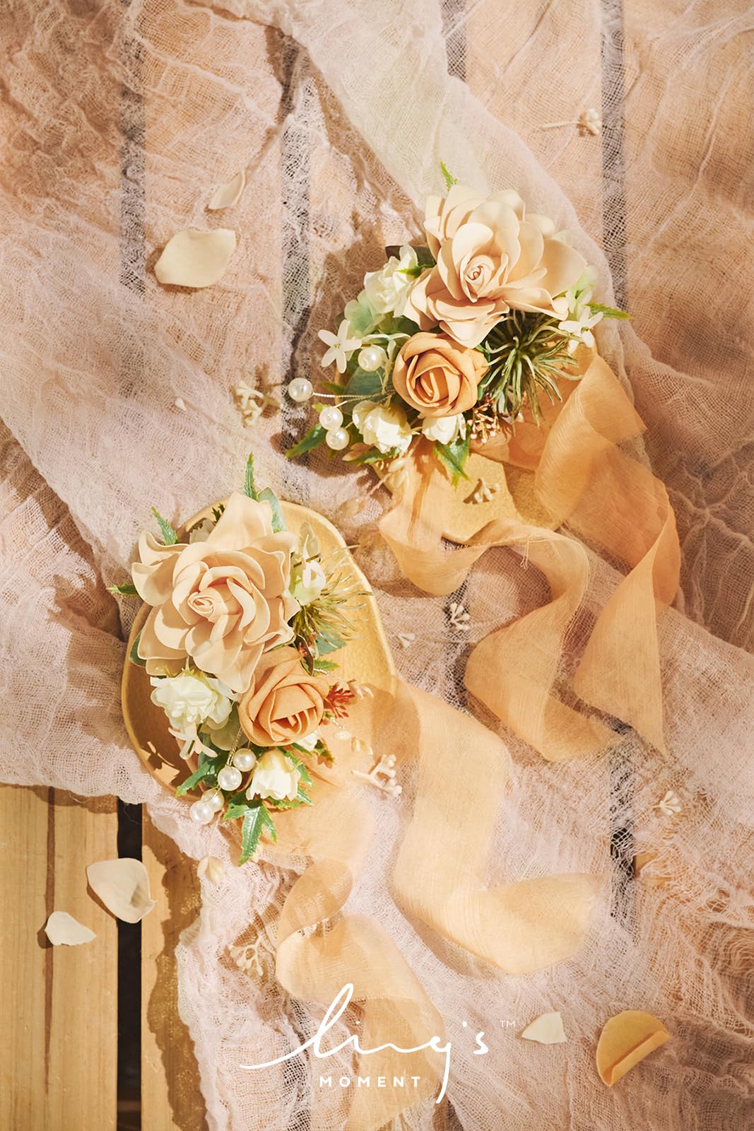 Ling's moment 2er Set Gelb, Orange & Pfirsich Handgelenk-Bouquet, Künstliche Blumen für Hochzeit | 2 Stück, künstliche Blumen, Mädchen/Mutter, Heimkehr/Hochzeits-Armbanddekoration