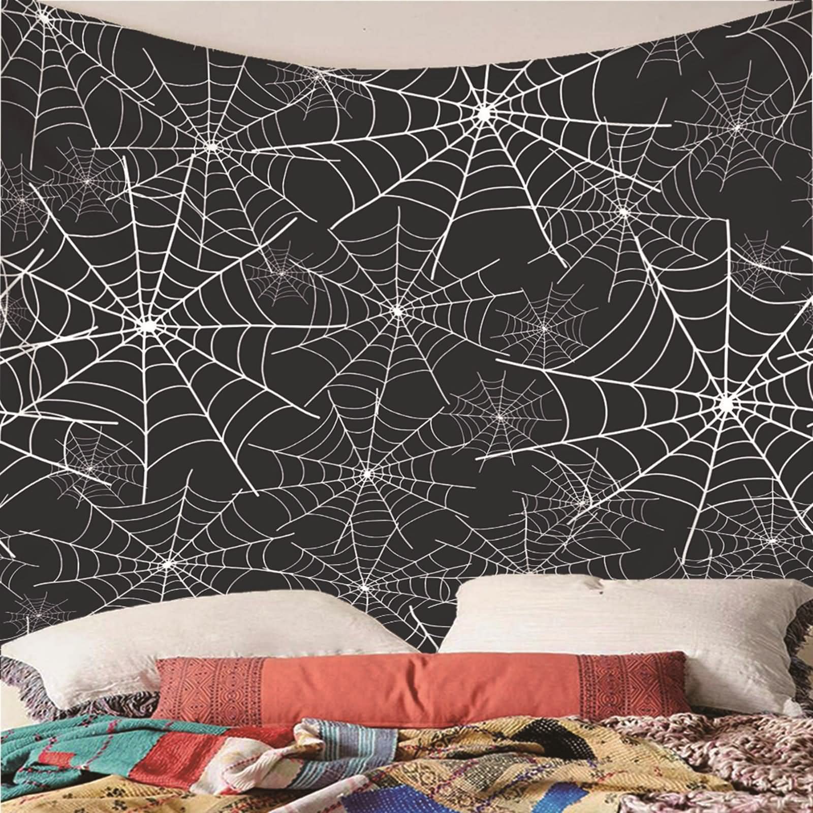 Macrame Tapiz Pared Grande, Decoración Pared Cocina Telaraña Poliéster Blanco Negro 240x220CM Regalo Mujer