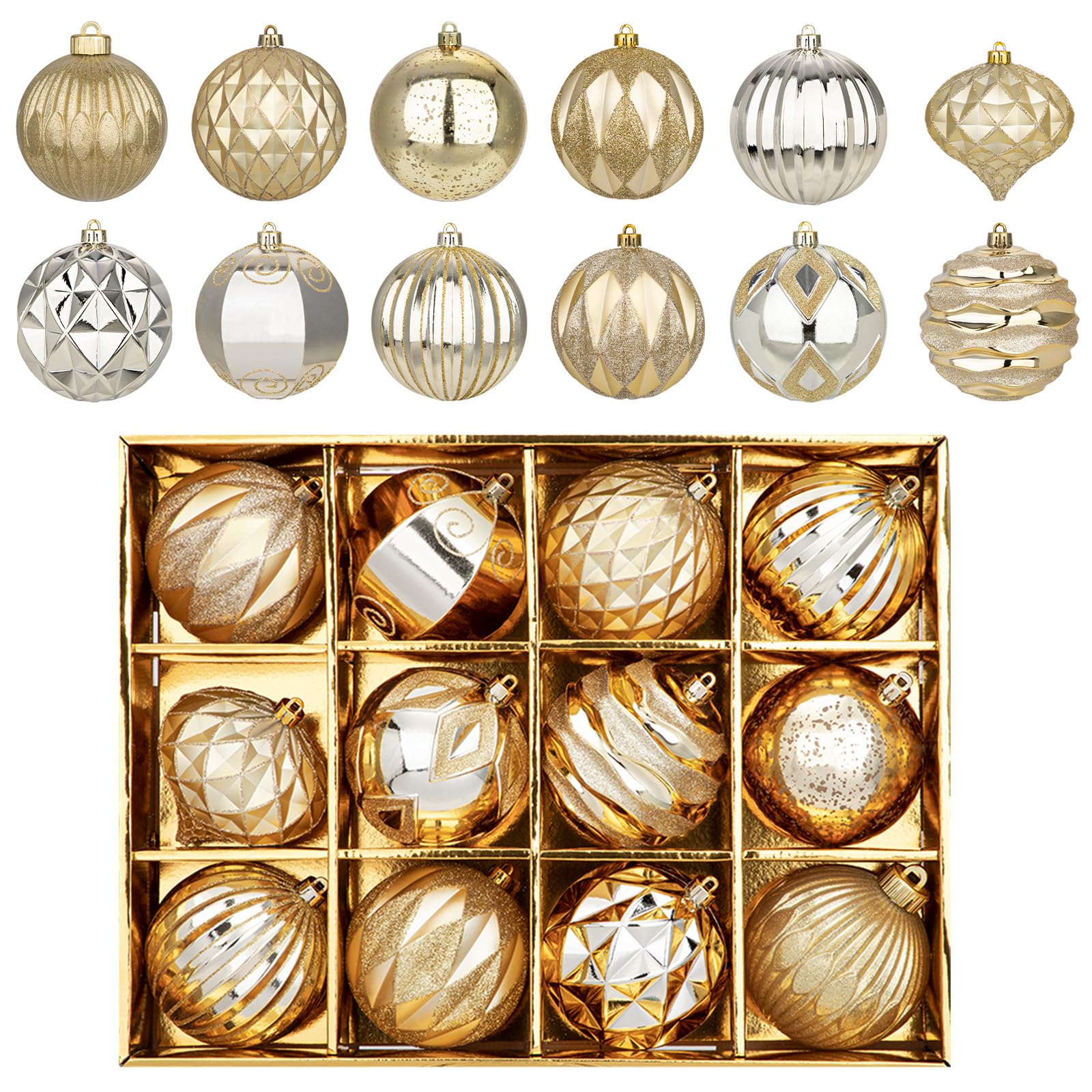 Lot de 12 boules de Noël de 10 cm - Grandes boules de Noël incassables - Pour décoration d'arbre de Noël - Boules de Noël - Boules de Noël - Boules de Noël avec crochet de suspension