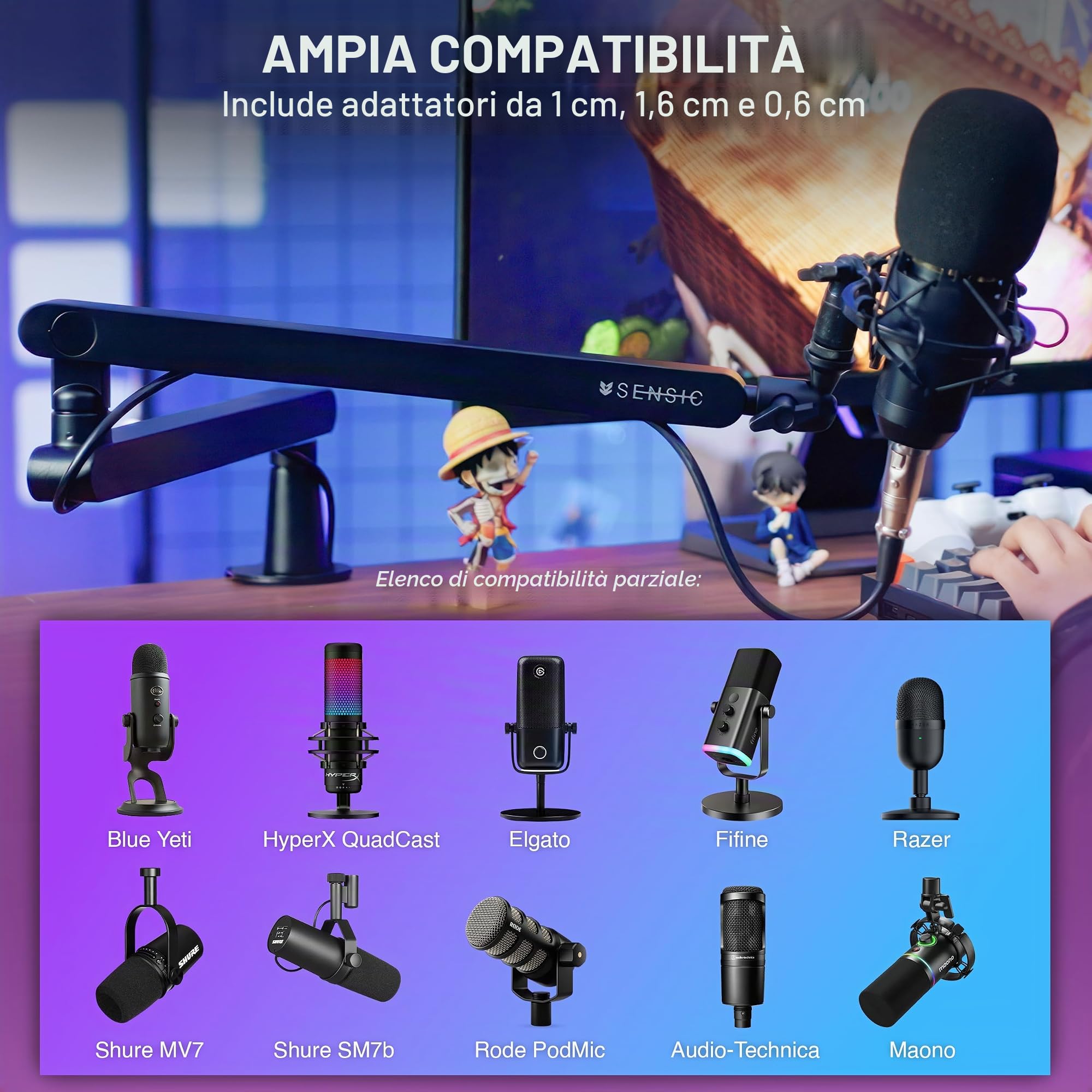 Sensic SA-30 LP Braccio per microfono a basso profilo, supporto per microfono girevole a 360°, braccio microfono a basso profilo per streaming con gestione dei cavi, supporto microfono professionale,