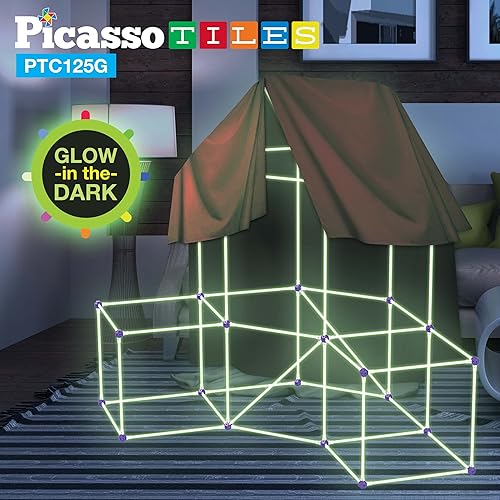 Miniatura 7 de PicassoTiles Tienda de campaña para interiores y exteriores que brilla en la oscuridad, kit de construcción de fuertes para niños y niñas a partir