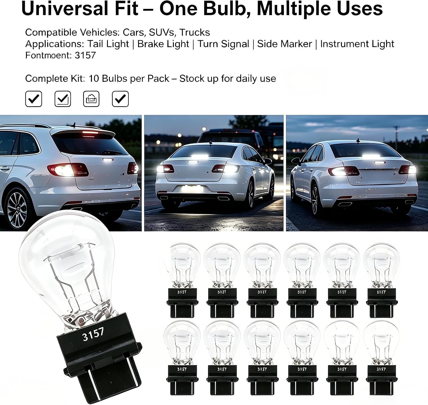 10PCS 3157 LED Bulb for Brake Tail Turn Signal Light Waterproof 4157 3057 4057 Replacement for Car Truck SUV (White) image 4