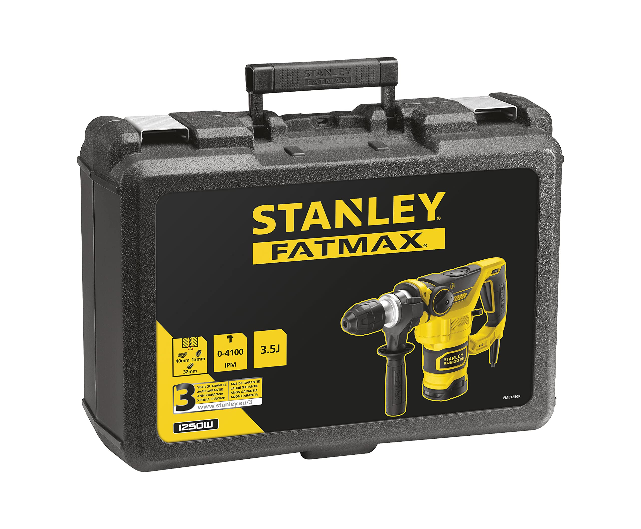 Stanley FATMAX Perforateur Burineur 3,5 J 1250W 850 trs/mn 3 Fonctions de Frappe Avec 1 Malette de Transport et Accessoires Gamme FATMAX Robuste et Ergonomique FME1250K