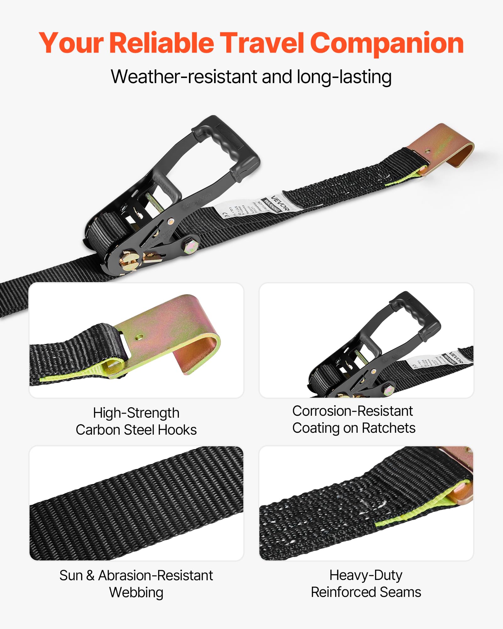 VEVOR Kit de Amarre de Calzo de Ruedas 50,8 x 3048 mm, Correas de Amarre para Rueda con Ganchos Planos, Resistencia a la Rotura de 4540 kg, Carga de Trabajo de 1512 kg, para Vehículos, SUV, Remolques