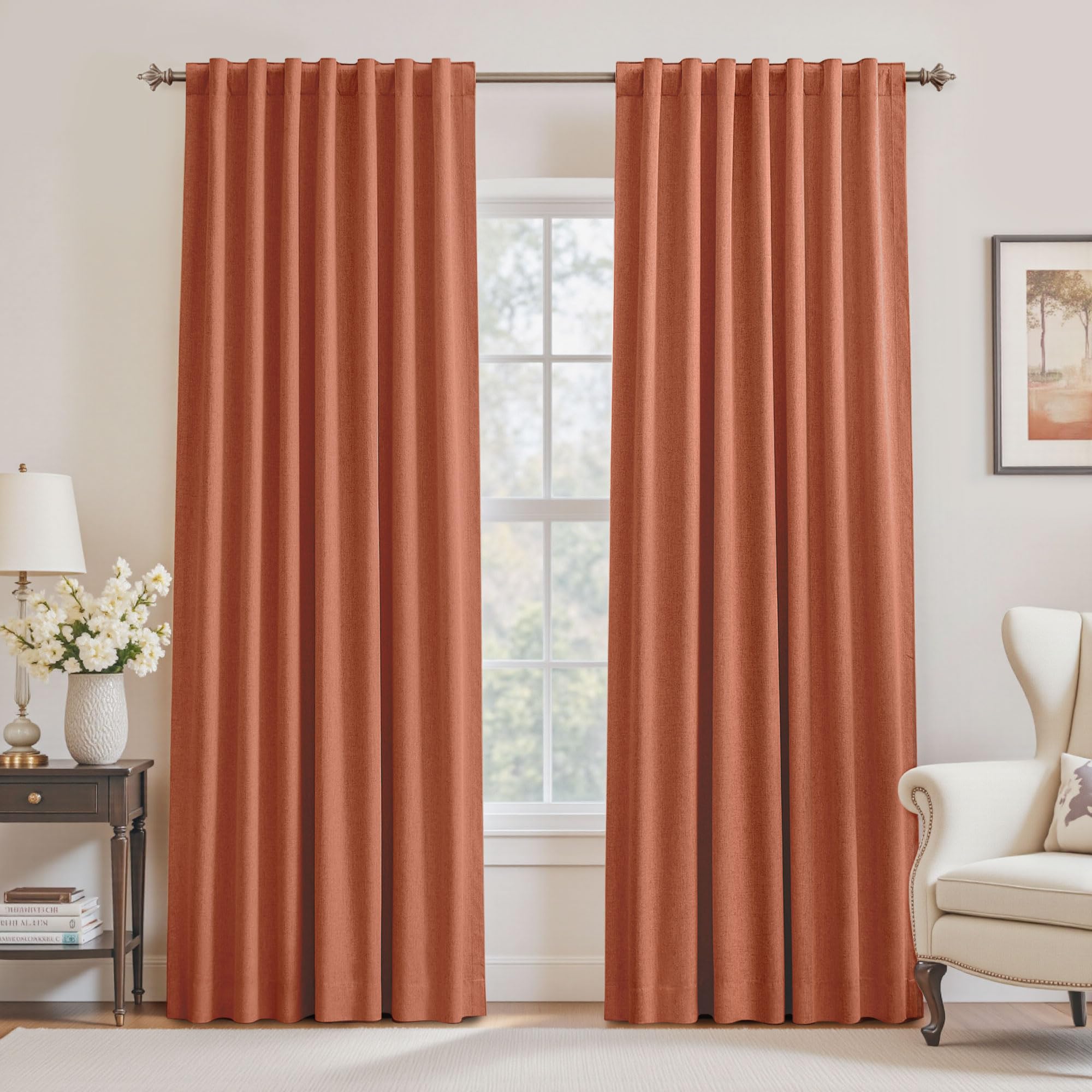 UHITECH 228 cm Vorhänge für Wohnzimmer, Terrakotta, Verdunkelungsvorhänge für Schlafzimmer, 2 Paneele, Fenstervorhänge, Leinenstruktur, geräuschreduzierend, wärmeisoliert, Stangentasche, moderne