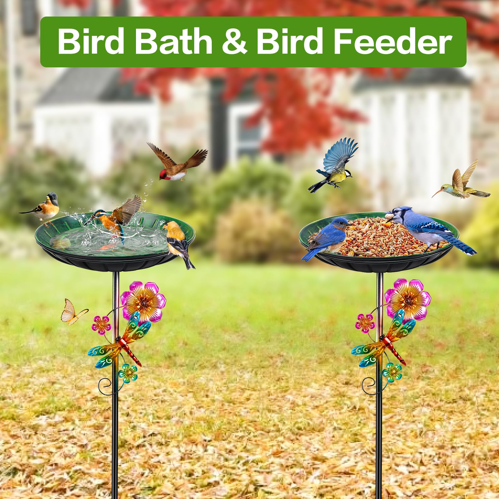 Vogeltränke Stehend 96cm, Vogelbad für Draußen Garten, Metall Futter Schale mit Stabiler 5-Zinken-Basis, Wassertränke für Vögel Vogeltränke Groß Winterfest Frostsicher (Vintage Grün) - 5