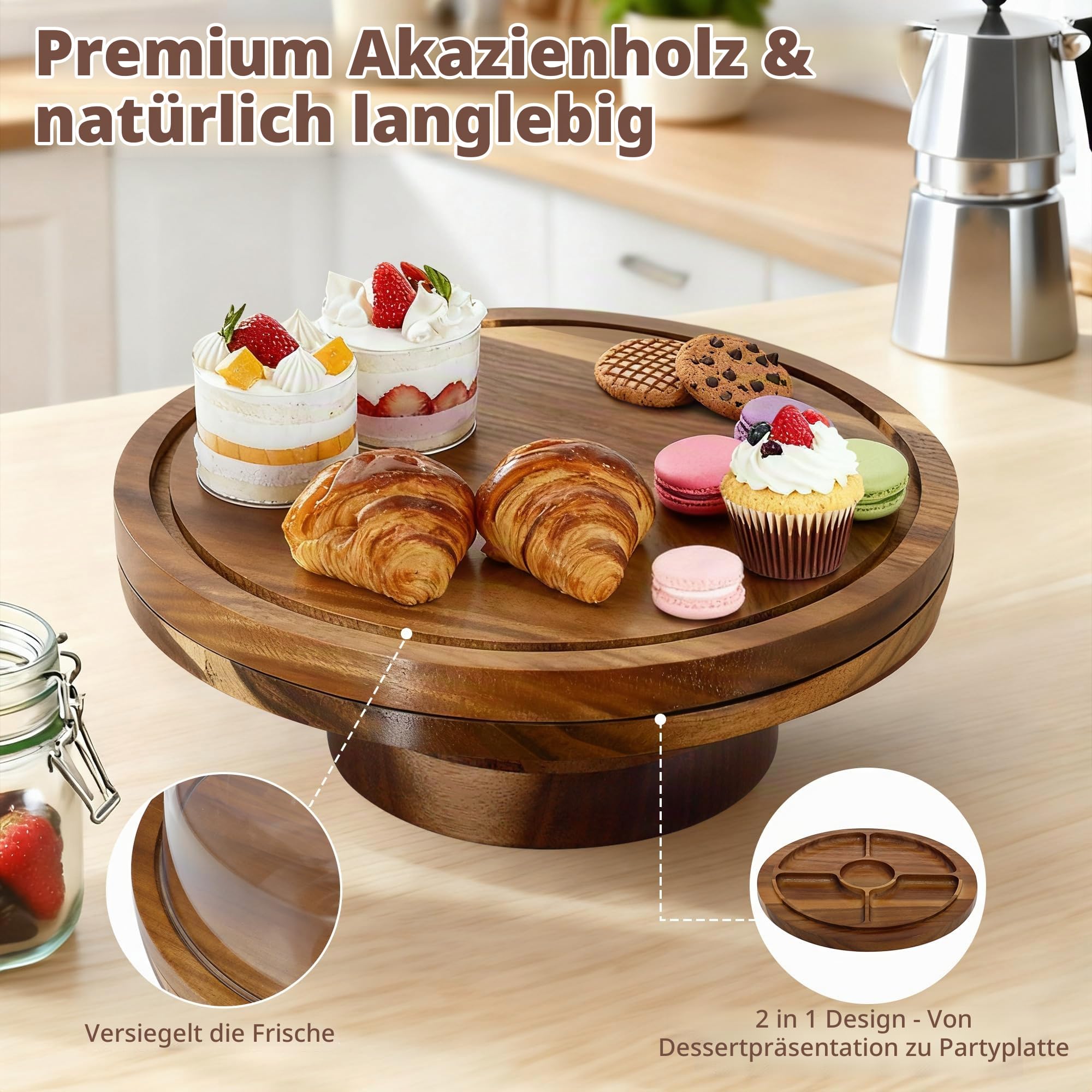 30cm Drehbar Tortenständer Tortenplatte, Multifunktional Holz Kuchenständer | Mit Deckel & Fuß & 4 Stück Gold Cake Board, Runde Drehteller für Küche Backen Hochzeit Party