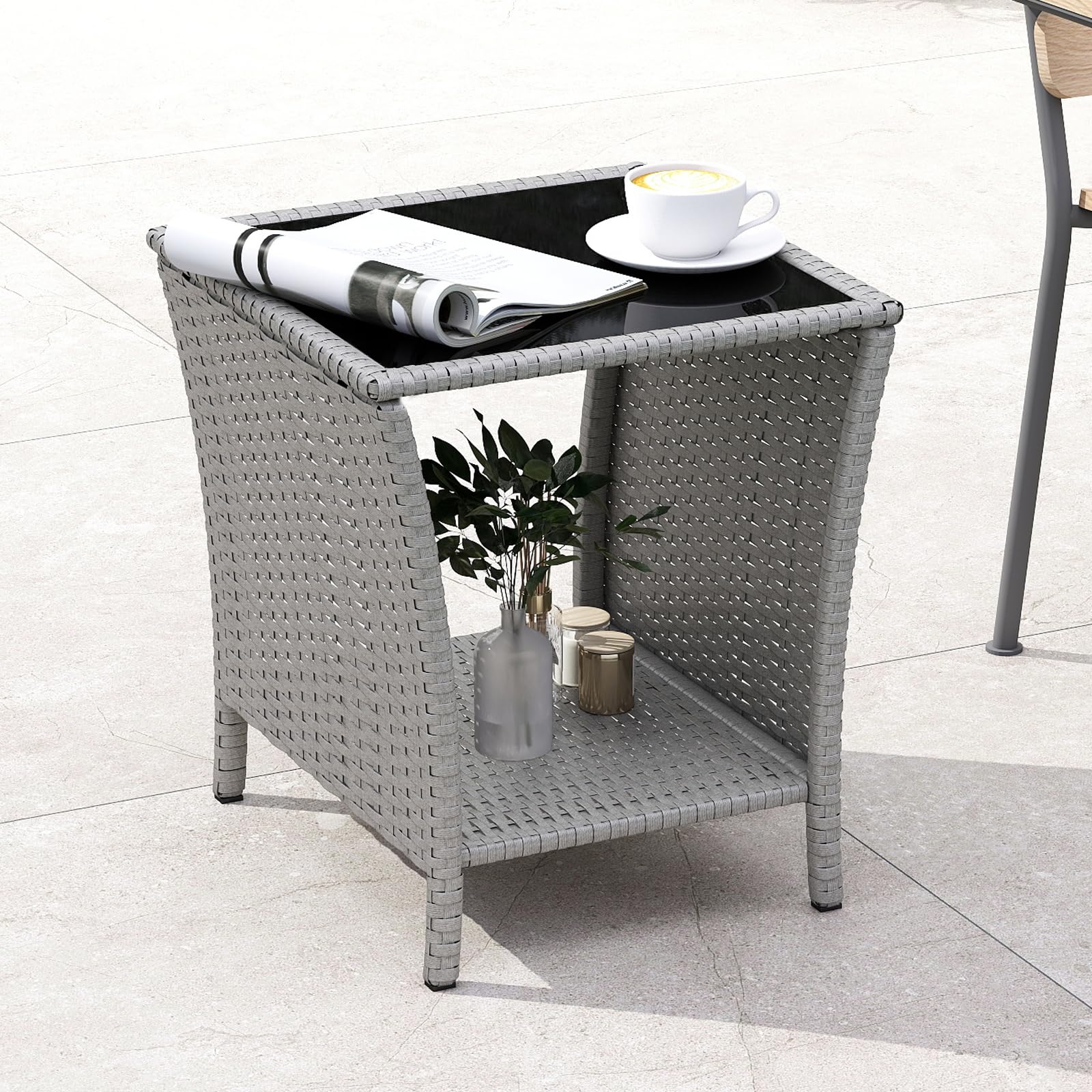Elesuli Wicker Side Coffee Table Outdoor Side Tables with Storage Bistro Table Patio Furniture Square End Tables Garden Table, Grey