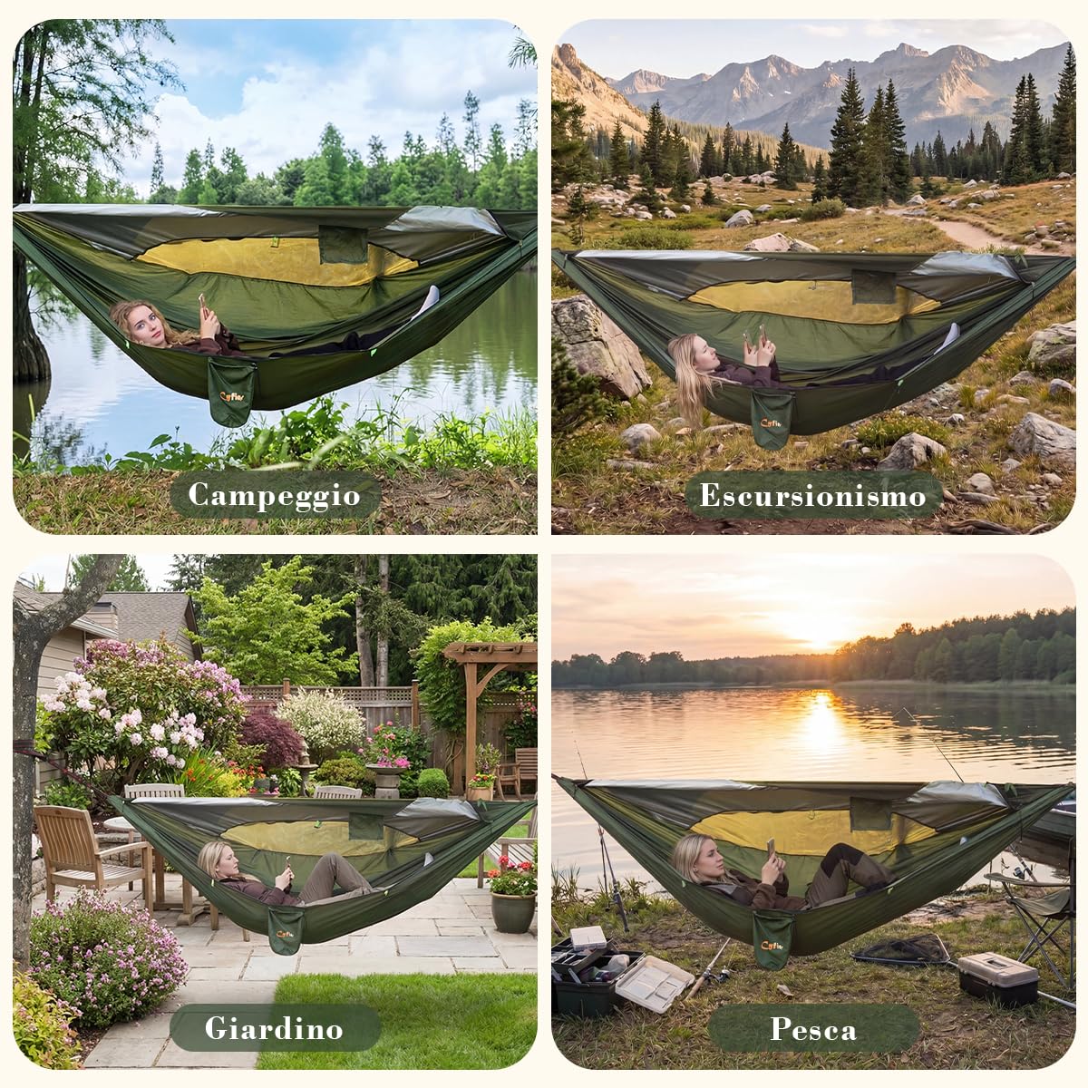 CYFIE Amaca da campeggio con zanzariera e telo parasole - amaca leggera e portatile da trekking - 290 x 140 cm, portata massima 200 kg, per esterni, cortile e campeggio