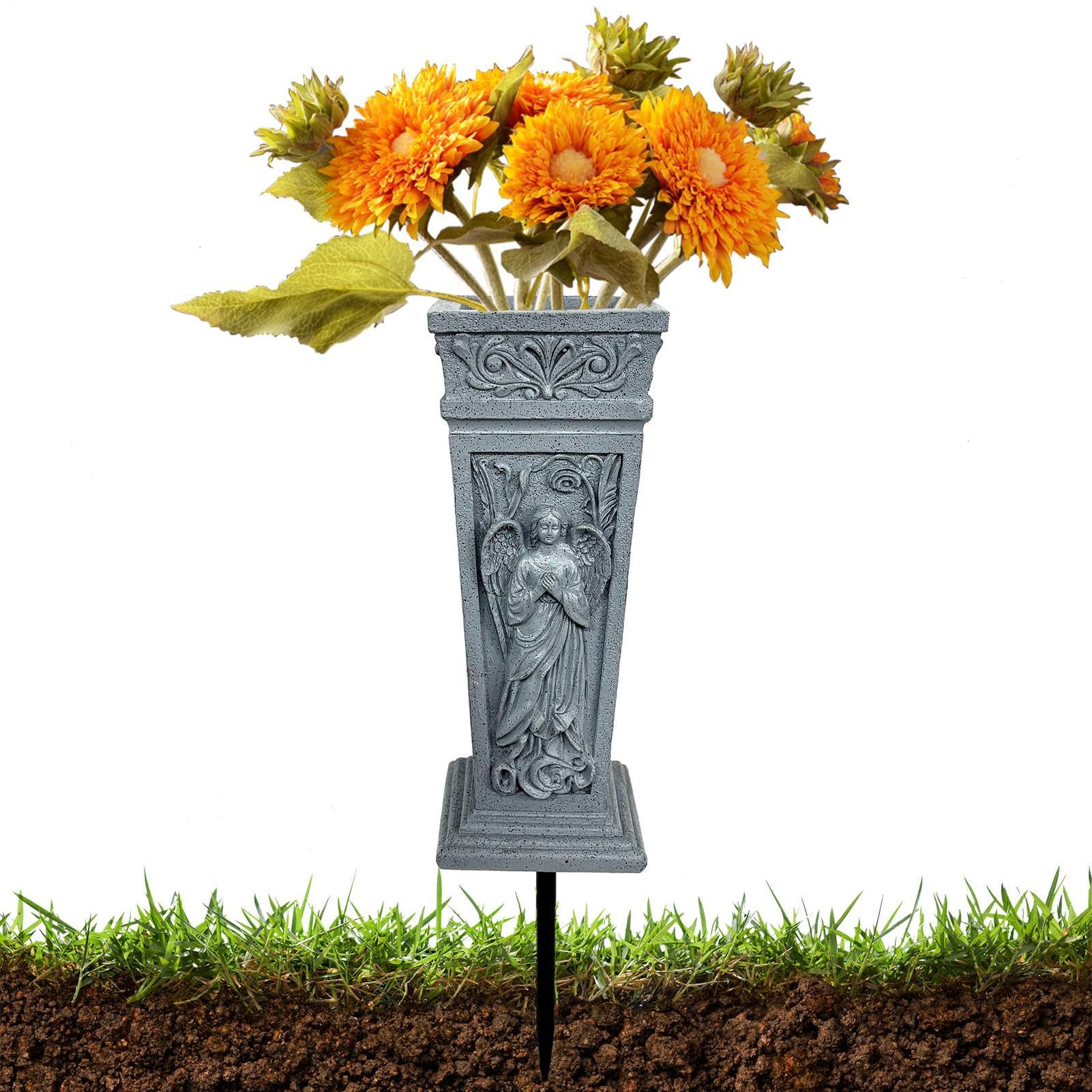 Jarrón para Cementerio - Estaca para Clavar En El Suelo con Escultura De Ángel De Resina,Jarrón De Cementerio para Flores Naturales Y Artificiales - para Mausoleo Lápida Mamá Papá Amigos Y