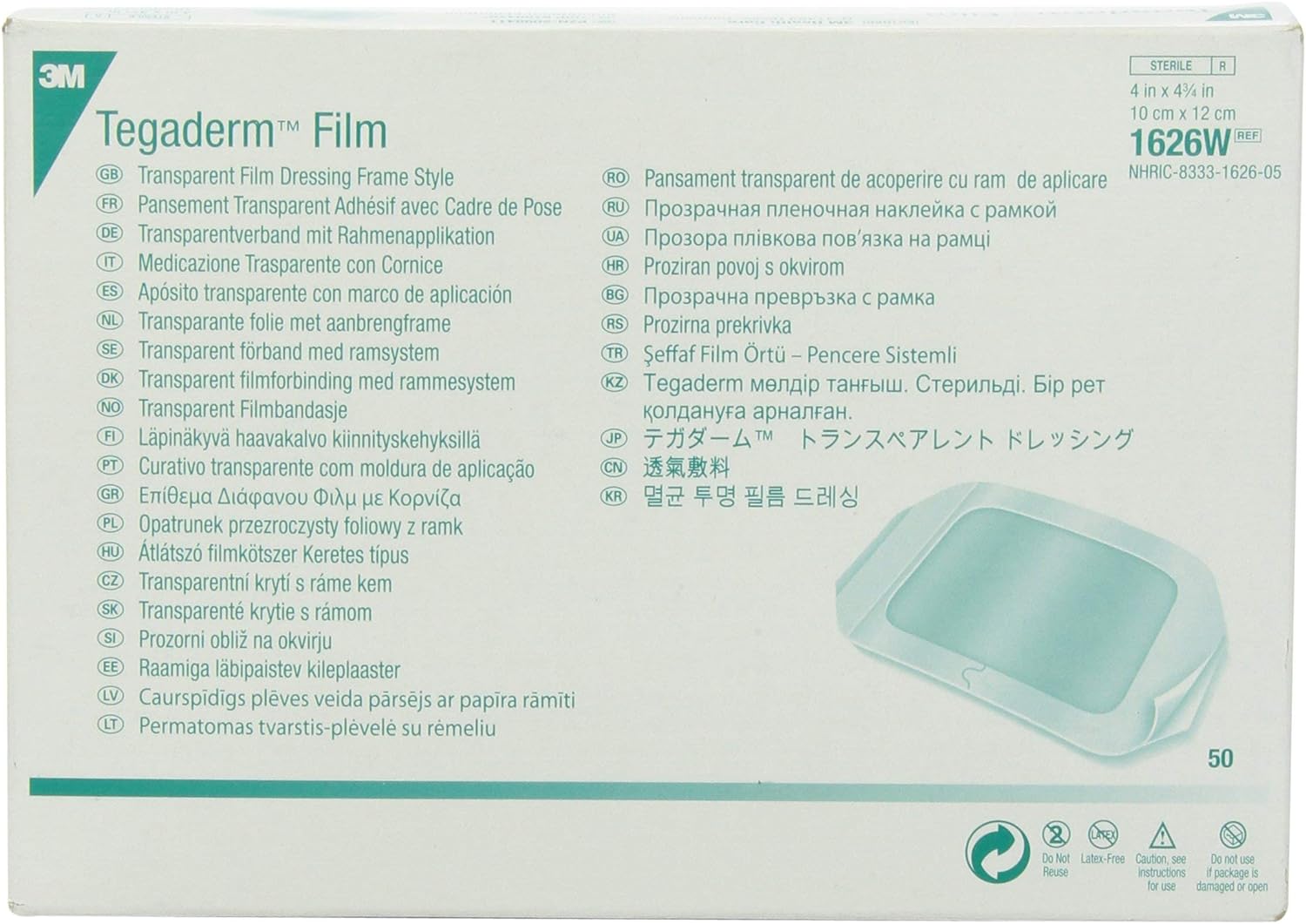 3M™ Tegaderm™ Transparent Film Dressing Frame Style, 1626W, USA, 10 cm x 12 cm, 50 Each/Carton