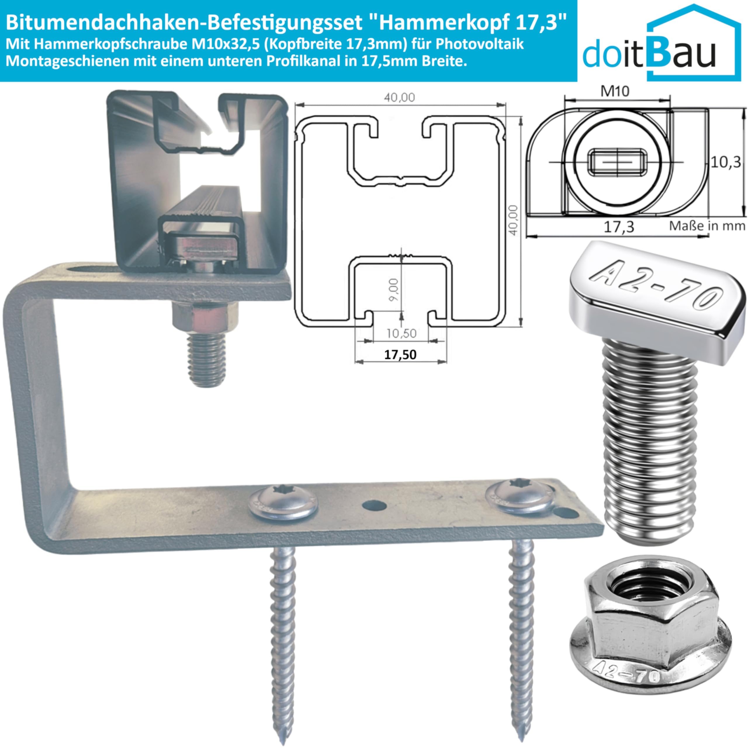DoitBau Montageset Für 2 Solarmodule Auf Bitumendach – 8 Dachhaken & Zubehör In Edelstahl A2, Verstellbar, Für 23 Mm Profilkanal