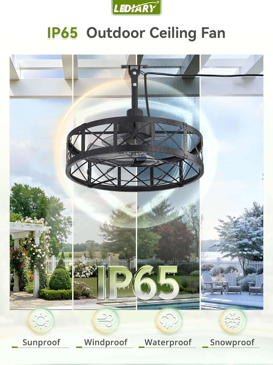 LEDIARY 22" Outdoor Ceiling Fan No Light for Patios, Gazebo Fan, Waterproof Plug in Ceiling Fan with Hook, Remote Control&Timer, 6 Speed Reversible Motor, Caged Ceiling Fan for Porch, Pergola, Black