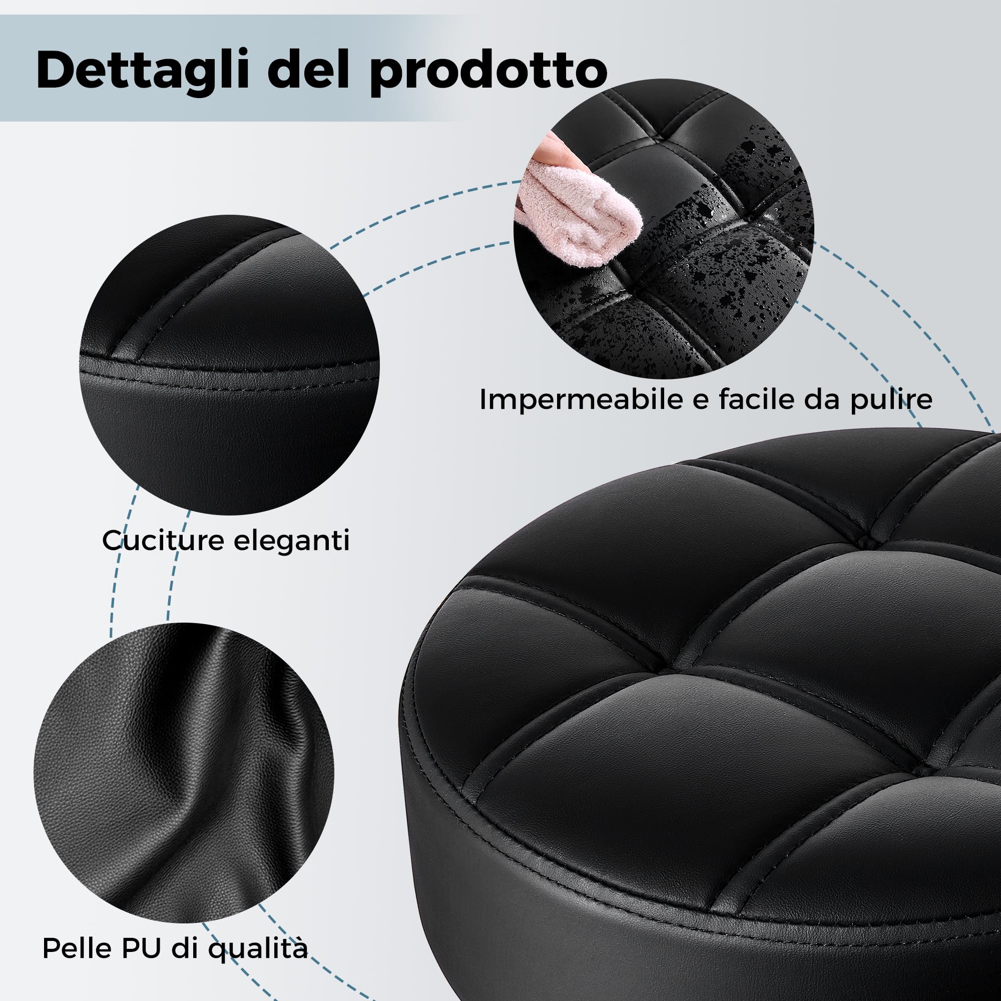 BEWISHOME Sgabello con Ruote, Sedia in Pelle PU Resistente, Girevole a 360°, Sgabello Regolabile, Peso Massimo 200 KG, per Saloni di Bellezza, Spa e Cliniche (Nero)
