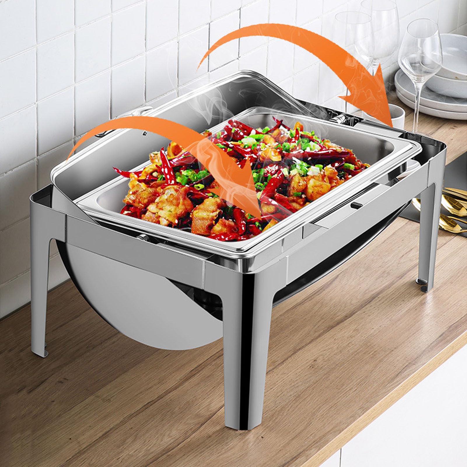 Scaldavivande per Buffet in Acciaio Inossidabile per Catering con Coperchio in Vetro, capacità 9 Litri, Ideale per Feste, Hotel, Ristoranti (1 scomparto)