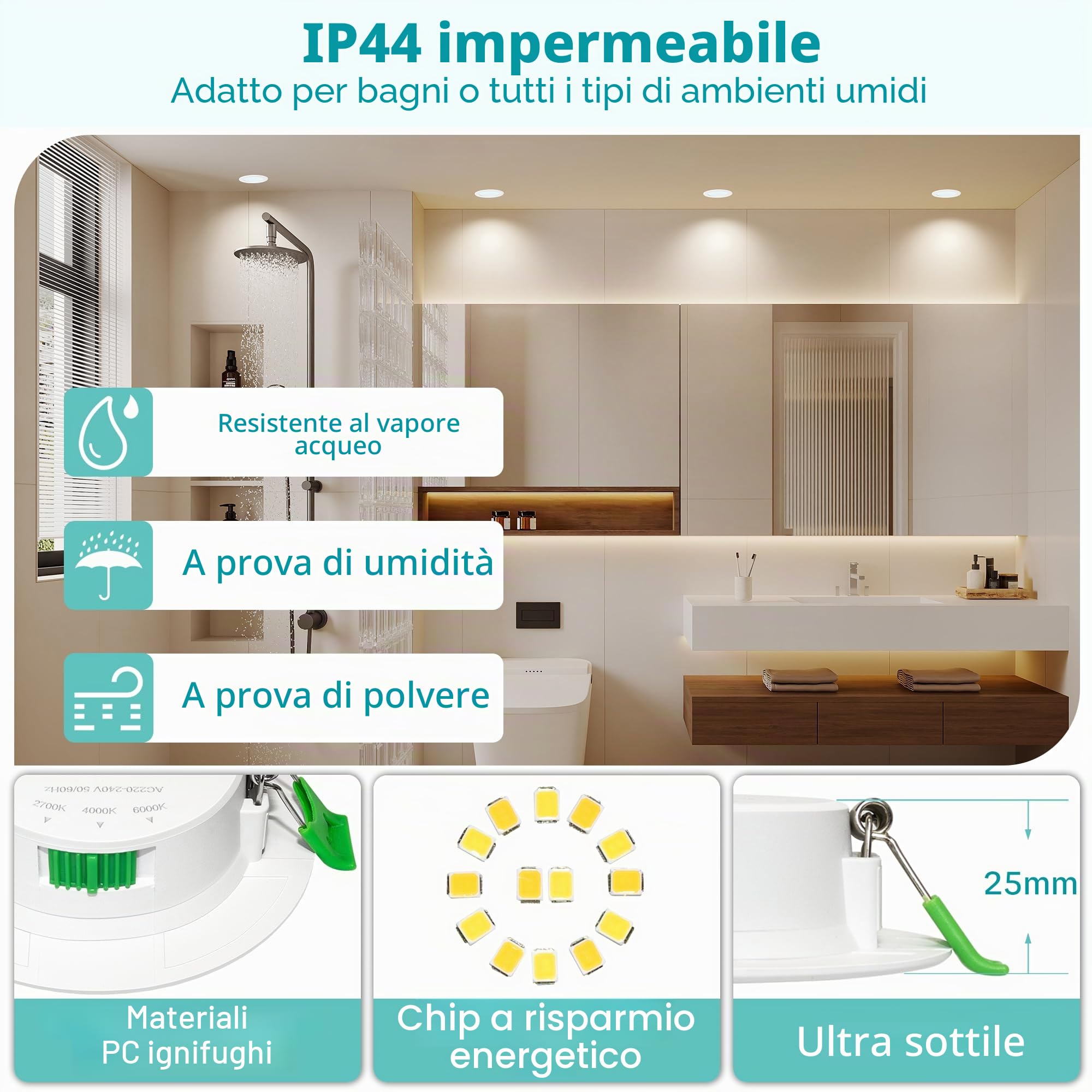 Faretti LED da Incasso per Cartongesso 230V, 5W 650LM Faretto Incasso Regolabile 2700K/4000K/6000K, IP44 Faretti LED Soffitto Ultrasottili per Bagno, Foro 68-80mm, Set di 3 Bianco