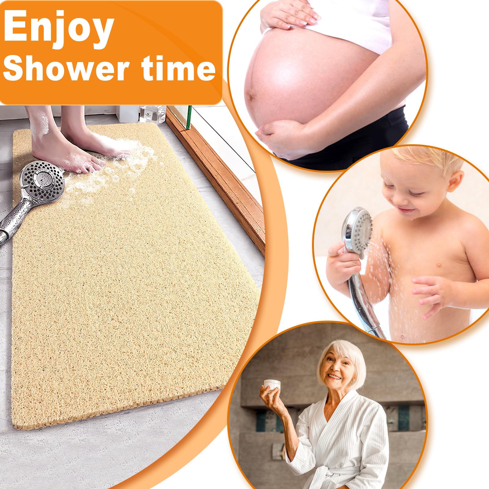 Alfombrillas de ducha antideslizantes para personas mayores, 24 x 47 pulgadas, tapete de lufa extra grande antideslizante para ducha, tapete de baño antideslizante para ancianos, color beige
