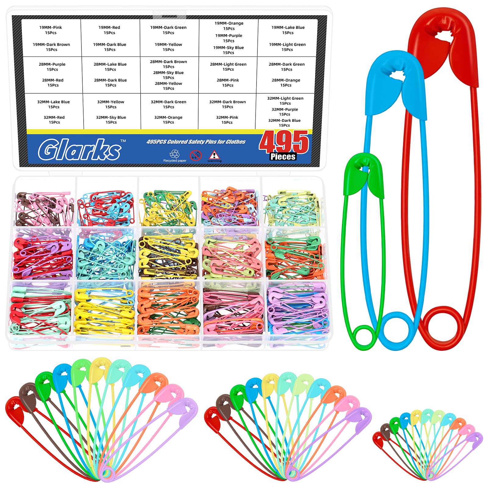 Glarks 495pcs 19/28/32mm Multicolored Sharp Edge Safety Pin Kit, 11 Colors Metal Safety Pins, Heavy Duty Safety Pins Bulk, Fastening Safety Pin Clips for Clothes Tags, Crafting