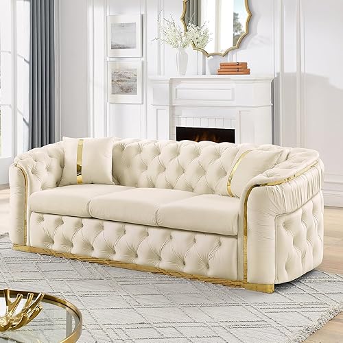 Miniatura 12 de Sofá Chesterfield de 3 plazas moderno de mediados de siglo de 84.6 pulgadas, sofá de terciopelo blanco beige y dorado, sofás de lujo para sala de