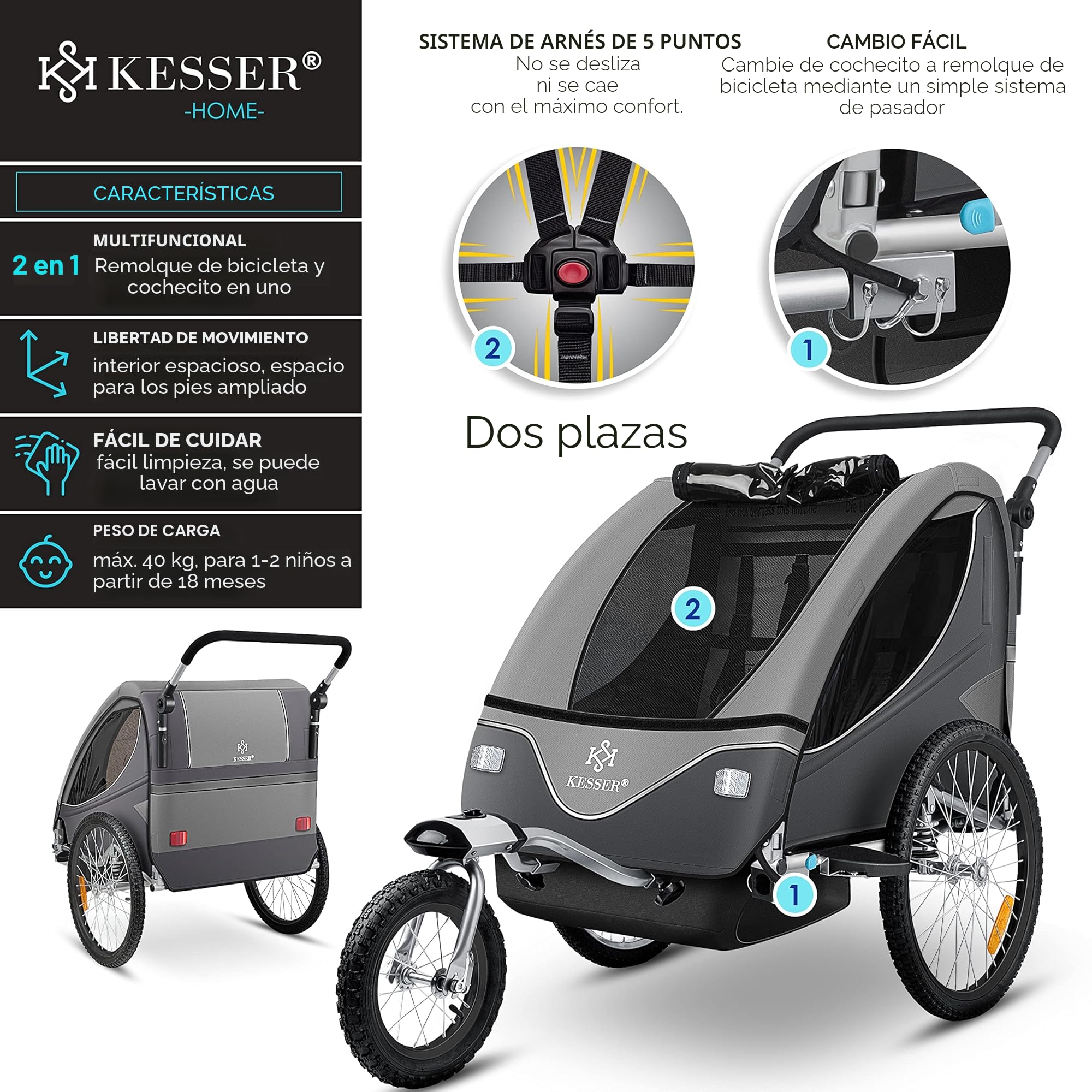 KESSER® Remolque Giratorio 360° para Niños con suspensión 2en1 Función Jogger + arnés de 5 Puntos máx. 40kg