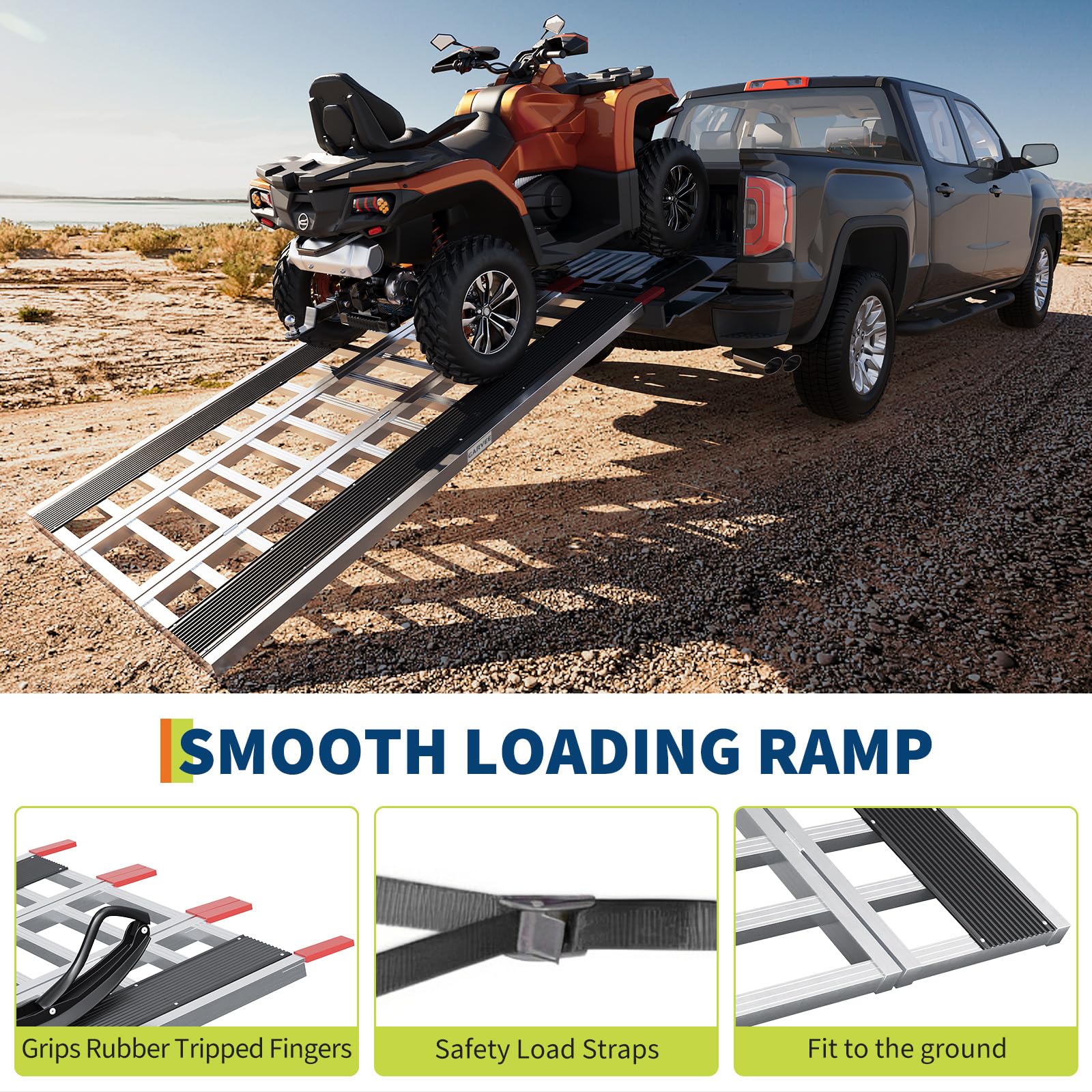 Garvee Rampa Plegable Aluminio 6061 3 Secciones 680 kg | Rampa aluminio 6061 plegable 3 secciones. Capacidad 680 kg, con funda de goma roja. Para carga de moto y vehículos.
