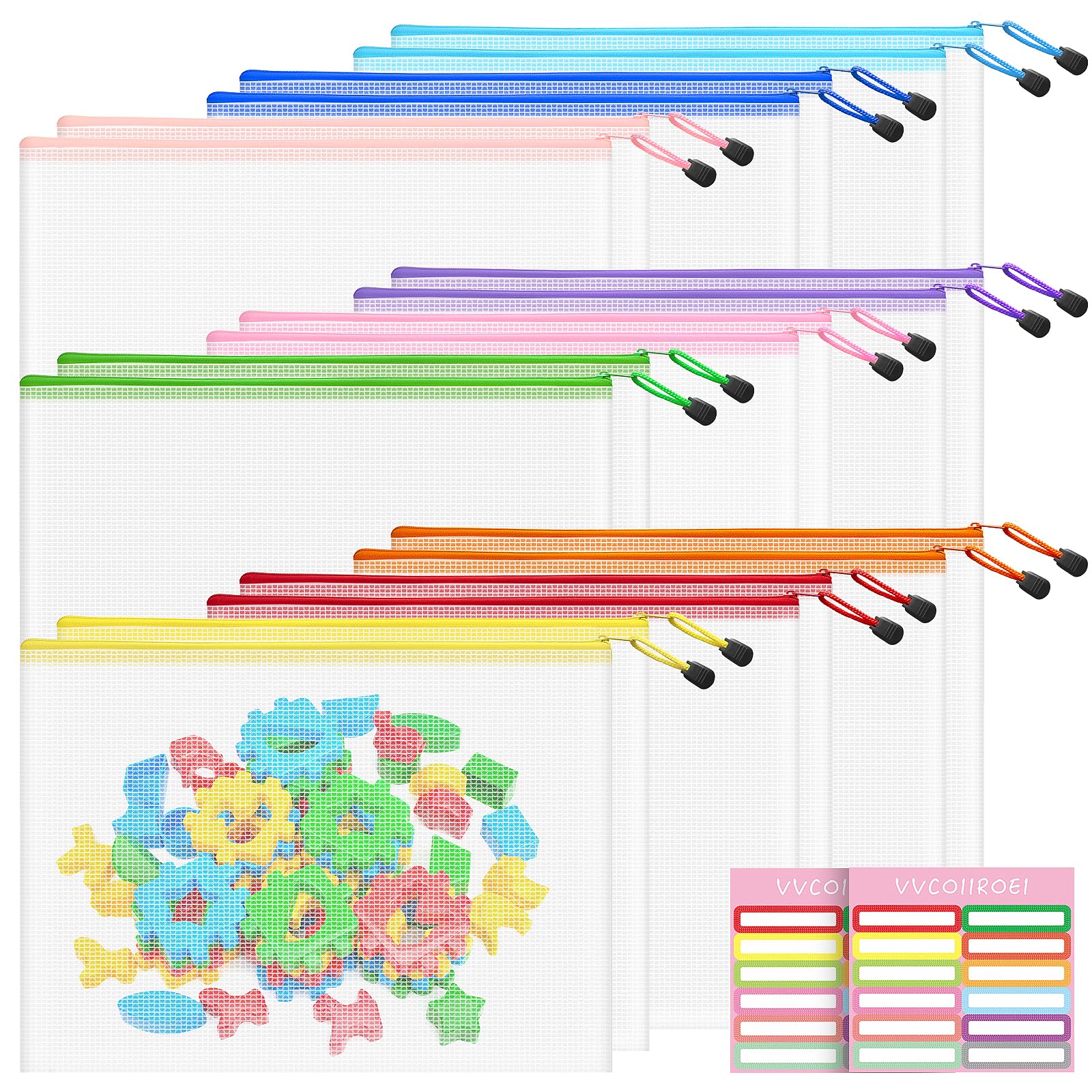 18pcs Mesh Zipper Pouch Bags, B4 Sizes Zipper Pouch, Mesh Bags with Zipper, Plastic Zipper Pouches, 9 Colors Zipper Pouches for Organizing, Puzzles, Travel, School Office Organize
