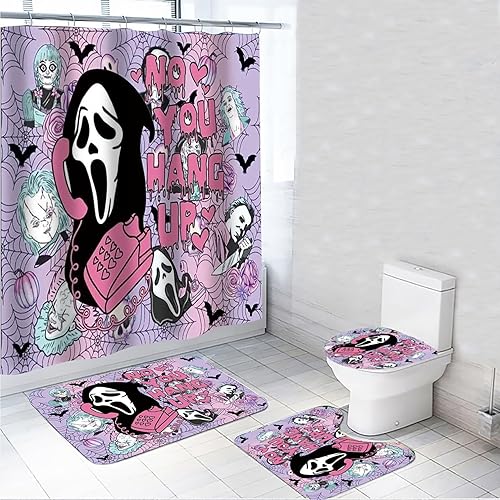 Juego de cortinas de ducha de Halloween, fantasma espeluznante rosa, 72 x 72 pulgadas, 4 piezas, juegos de accesorios de baño con alfombras