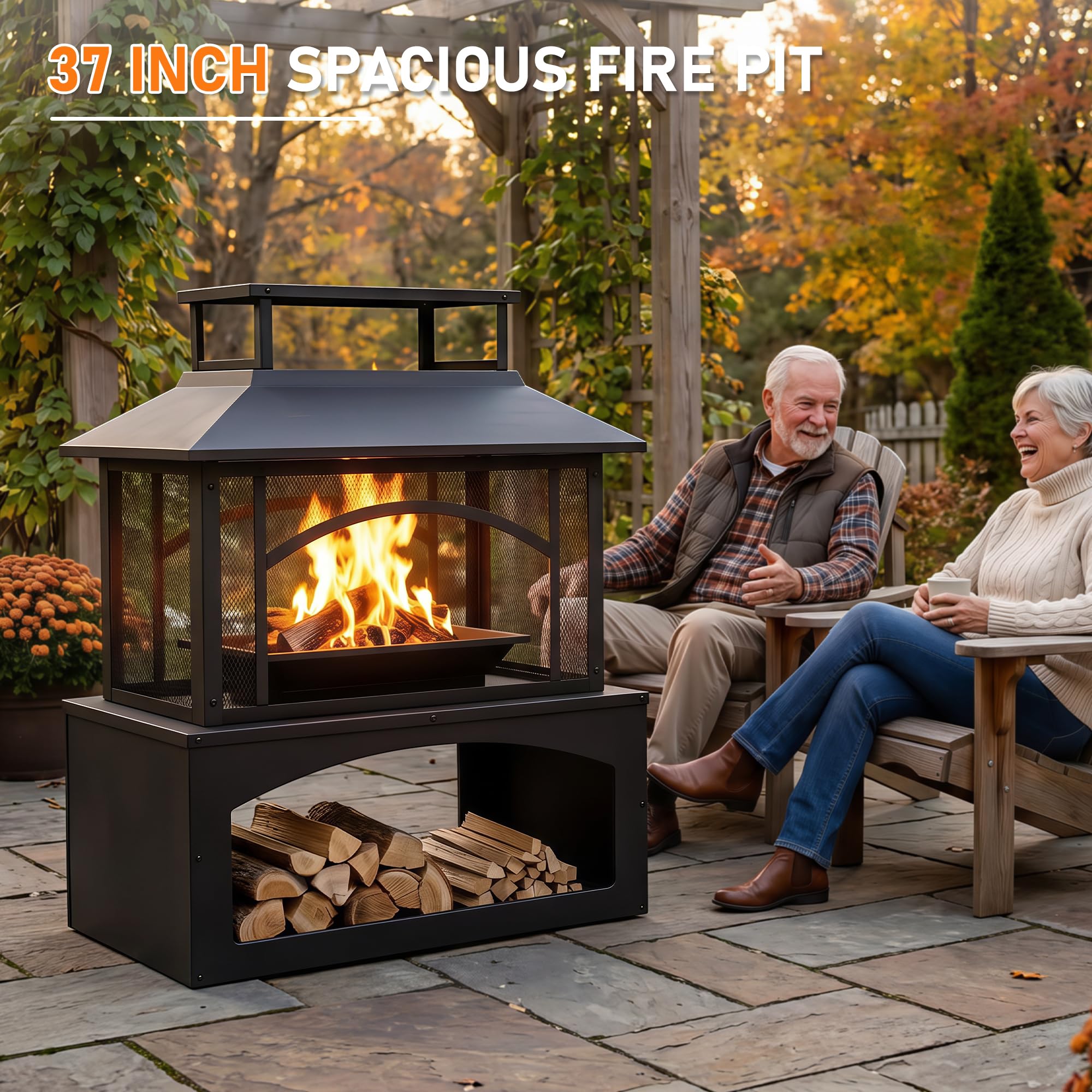 Aoxun 61cm Feuerschale für den Außenbereich mit Holzfach, Stahlkamin mit Funkenschutzgitter und Schürhaken, Terrassenheizung mit herausnehmbarer Ascheschale für Garten und Terrasse