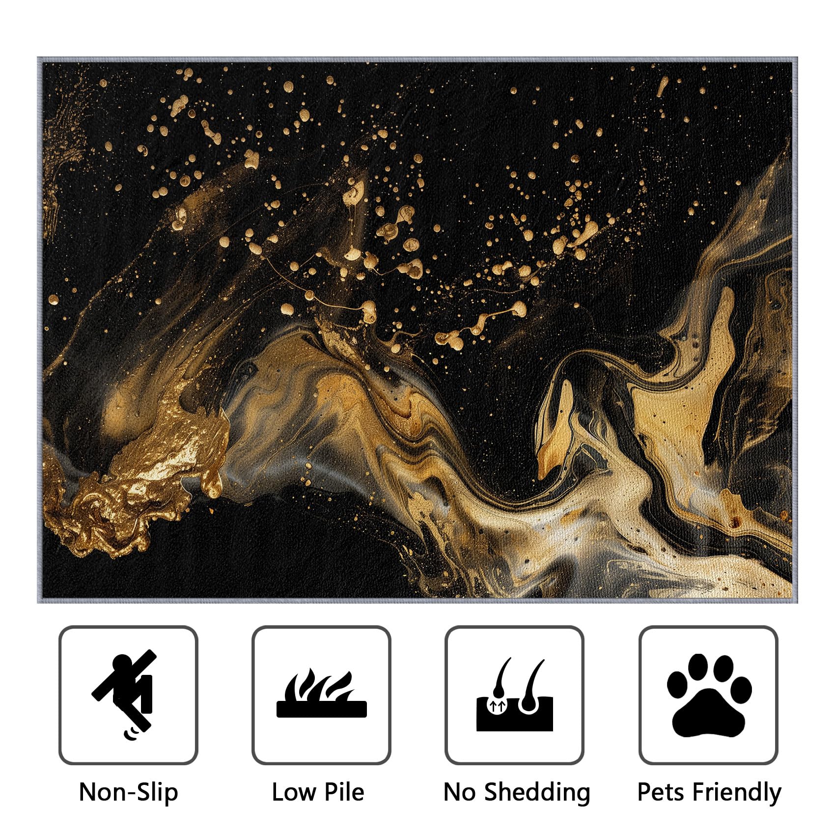 Marmor Teppich 200x200 cm, Abstrakt Luxus Kunst Waschbarer Teppiche Wohnzimmer, Schwarz Gold rutschfest Antirutsch Groß Teppiche Für Esszimmer, Quadratisch, Schwarz Gold