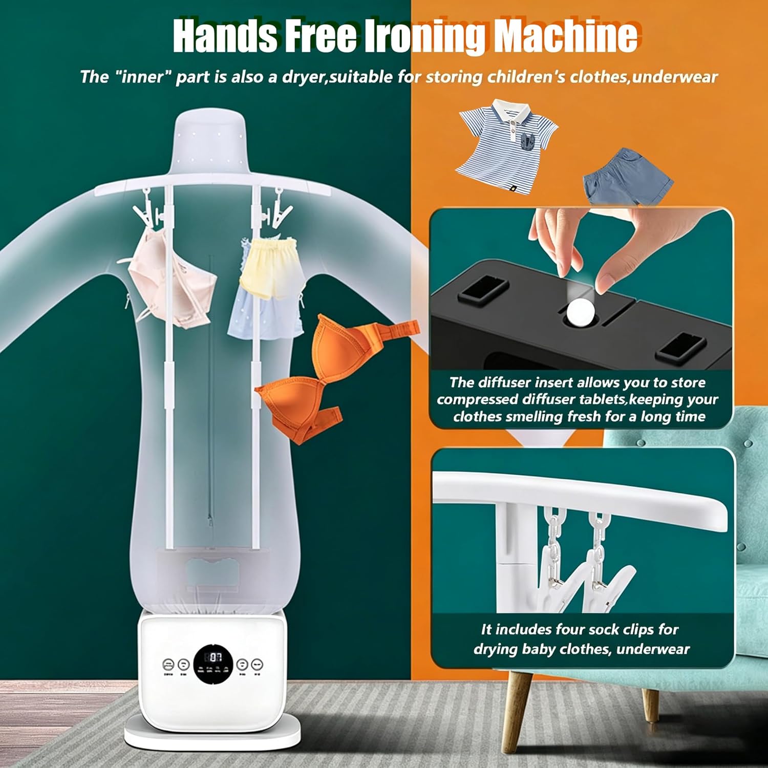 Automatic Ironing Machine, Hands-Free Garment Care with Adjustable Time & Temperature, Fast Drying System,3-in-1 Air & Steam Garment Dryer and Iron for Shirts, Pants, Dresses and More C