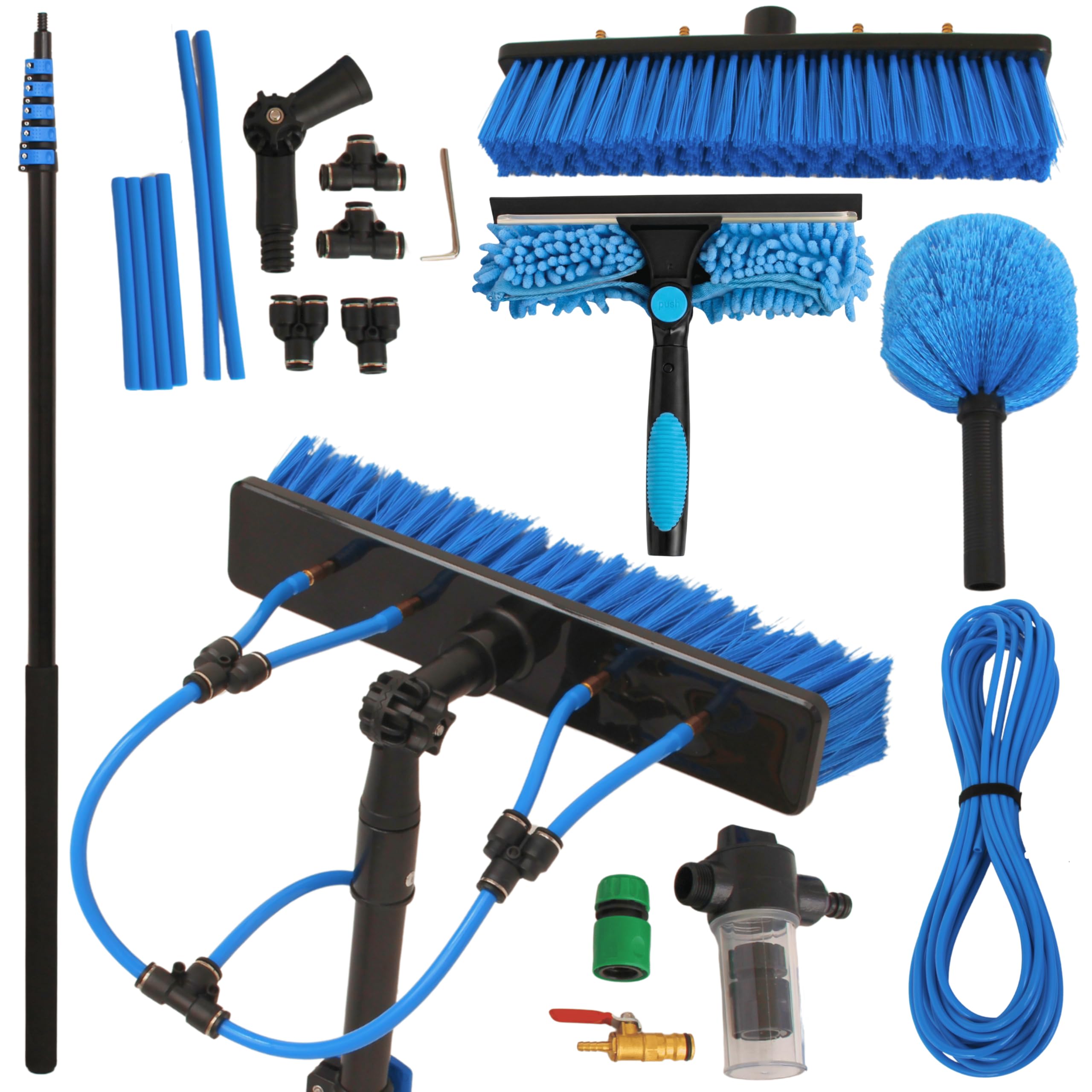 Novecrafto Men's Blue Water Fed Window Cleaning Pole System – 6M Telescopic Pole, Brush, Squeegee, Cobweb Duster, Inline Tap & Soap Dispenser – Exterior Cleaner Kit For Conservatory Roof, Fascias & Solar Panel
