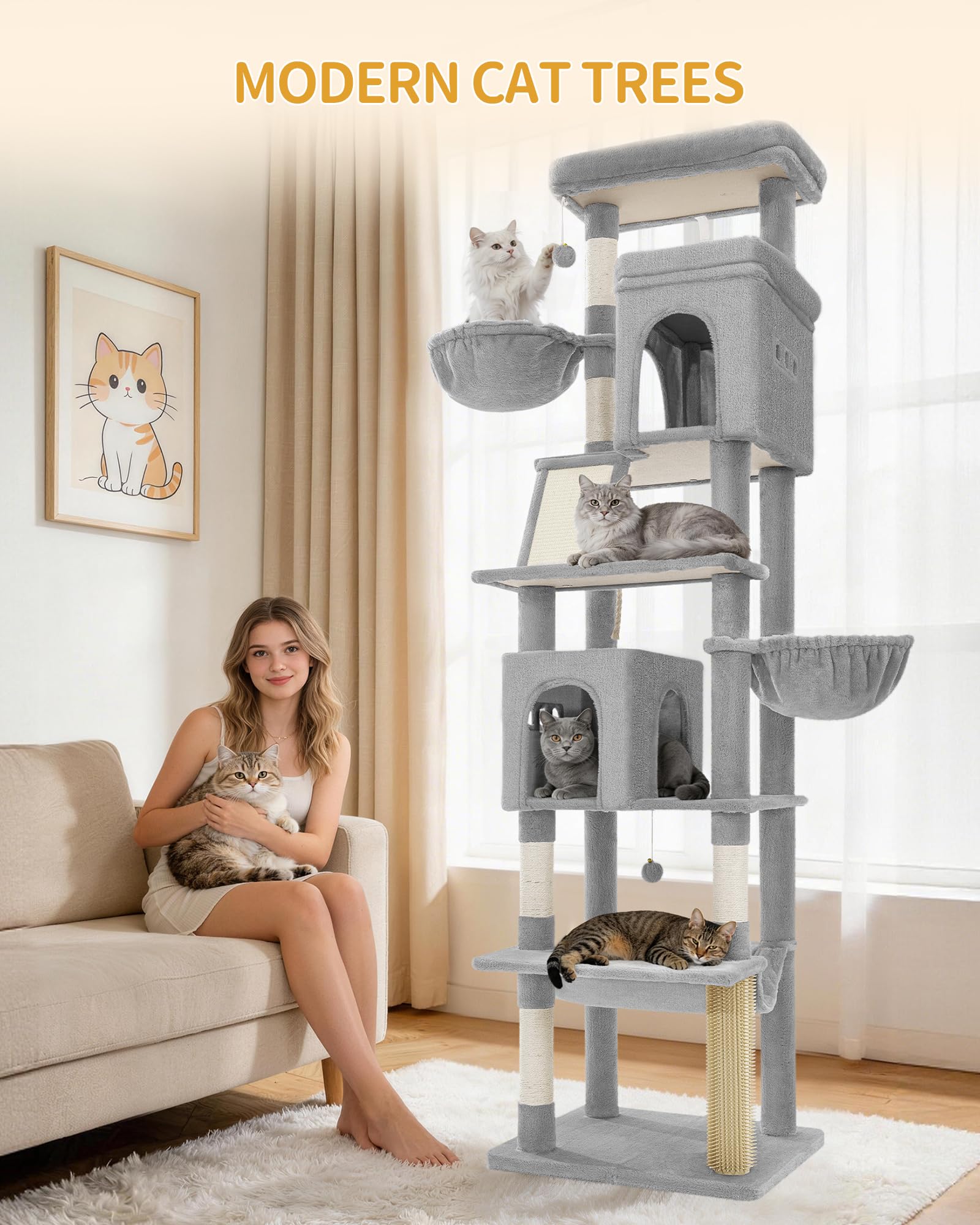 Hzuaneri Albero Tiragraffi Grande per Gatti, Torre per Gatti da Interno 213 cm con 2 Grandi Piattaforme, 2 Grotte, 2 Ceste, Amaca e 5 Pali, per Tutte le Razze di Gatti, Grigio Chiaro, MS21318LG
