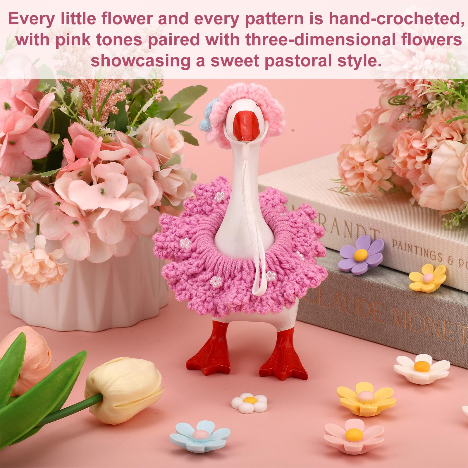 Flower Outfit for 7 Inches Desk Goose , Polyester Cute Desktop Goose Clothes Including Pretty Pinky Hat & Floral Purple Skirt for 7in Mini 7 Inch Geese Magnetic Statue Accessories Decorations Decor - 4