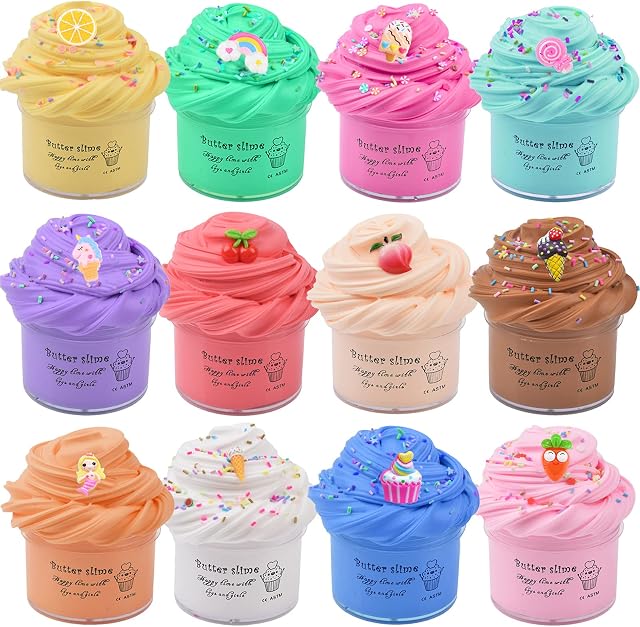 Basywiim 12 Pack Fluffy Butter Slime Kit, Scented Slime with 12 Pack Cute Mini Charms, Include Rainbow Unicorn, Mermaid and Fruit Slime, Stress Relief Toy for Girls and Boys