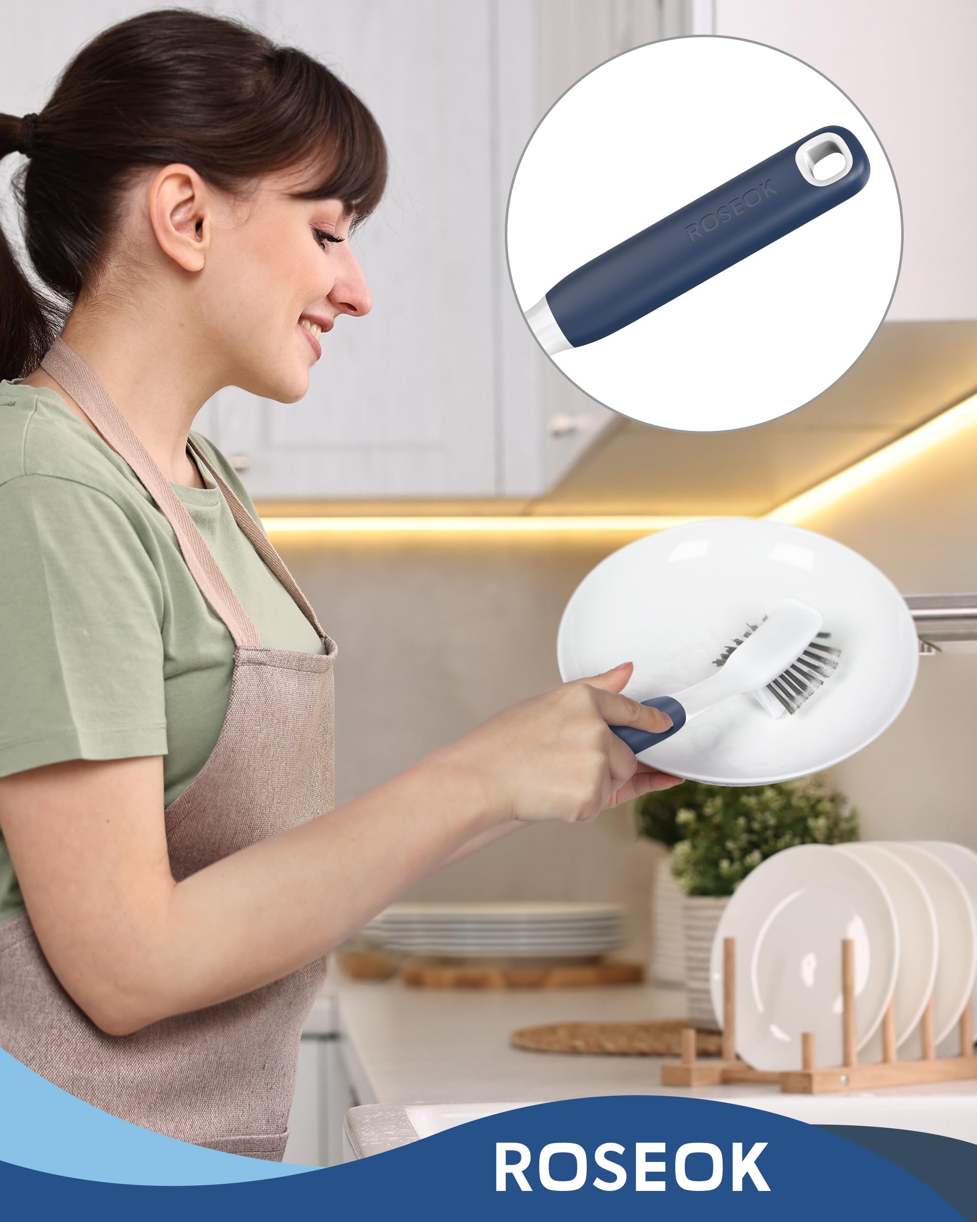 ROSEOK Paquete de 2 cepillos para platos de cocina con raspador para fregar manchas de alimentos, construido para limpiar platos, cocina, olla, fregadero, azul marino
