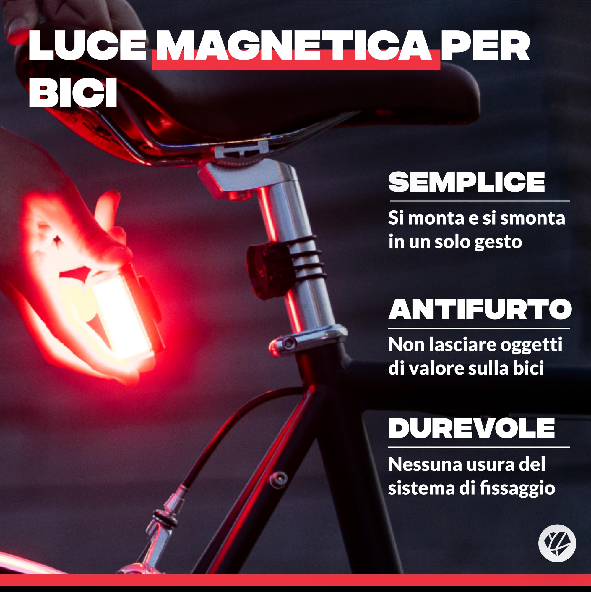Shapeheart Kit Luci Bici Anteriore e Posteriore Magnetiche Staccabili | Manubrio, telaio e reggisella 12–50 mm | 6 modalità | Fino a 20 h | Antifurto | Resistente alla pioggia | 270° e 300°