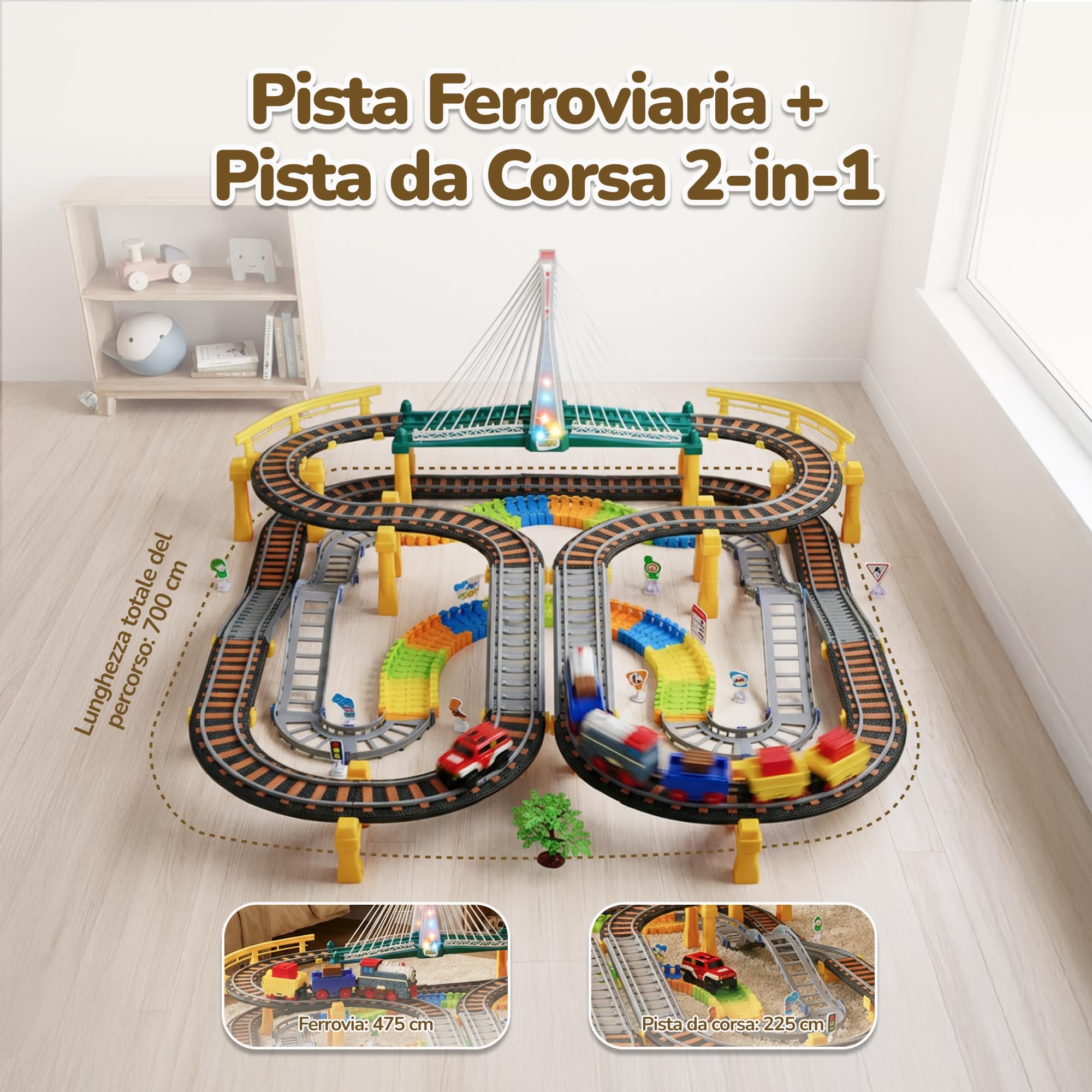 Kinderplay Trenino Elettrico per Bambini 2 in 1 con Pista da Corsa – Set 192 Pezzi con Luci e Suoni – Gioco Creativo 3+ – Binari 89x69 cm, Lunghezza Totale 700 cm, KP0635