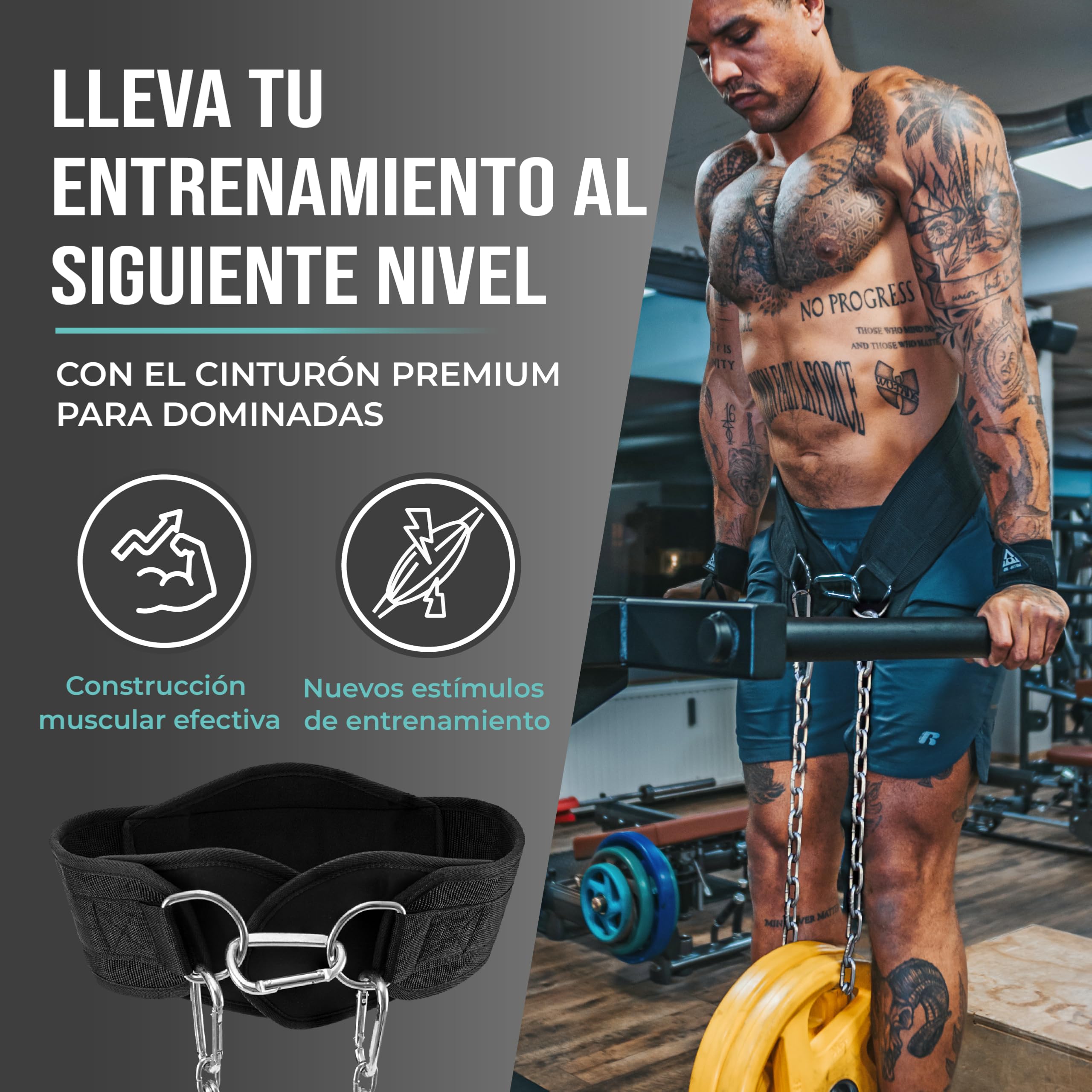PULLUP & DIP Cinturón con Cadena y 3 Mosquetones, Dip Belt con Solapas de Neopreno como Protección de la Ropa, Cinturón de Inmersión con Pesas, Cinturón de Halterofilia para Calistenia, Musculación