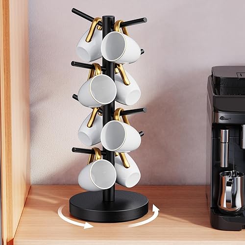 Soporte para taza de café, soporte para taza de café giratorio de 360 mejorado para mostrador, árbol de taza de café de madera, estante para tazas