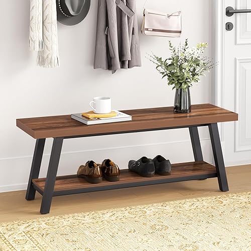 LUE BONA Banco de entrada, banco de madera para dormitorio, entrada, comedor, banco de 47 pulgadas con almacenamiento, estante de zapatos de metal