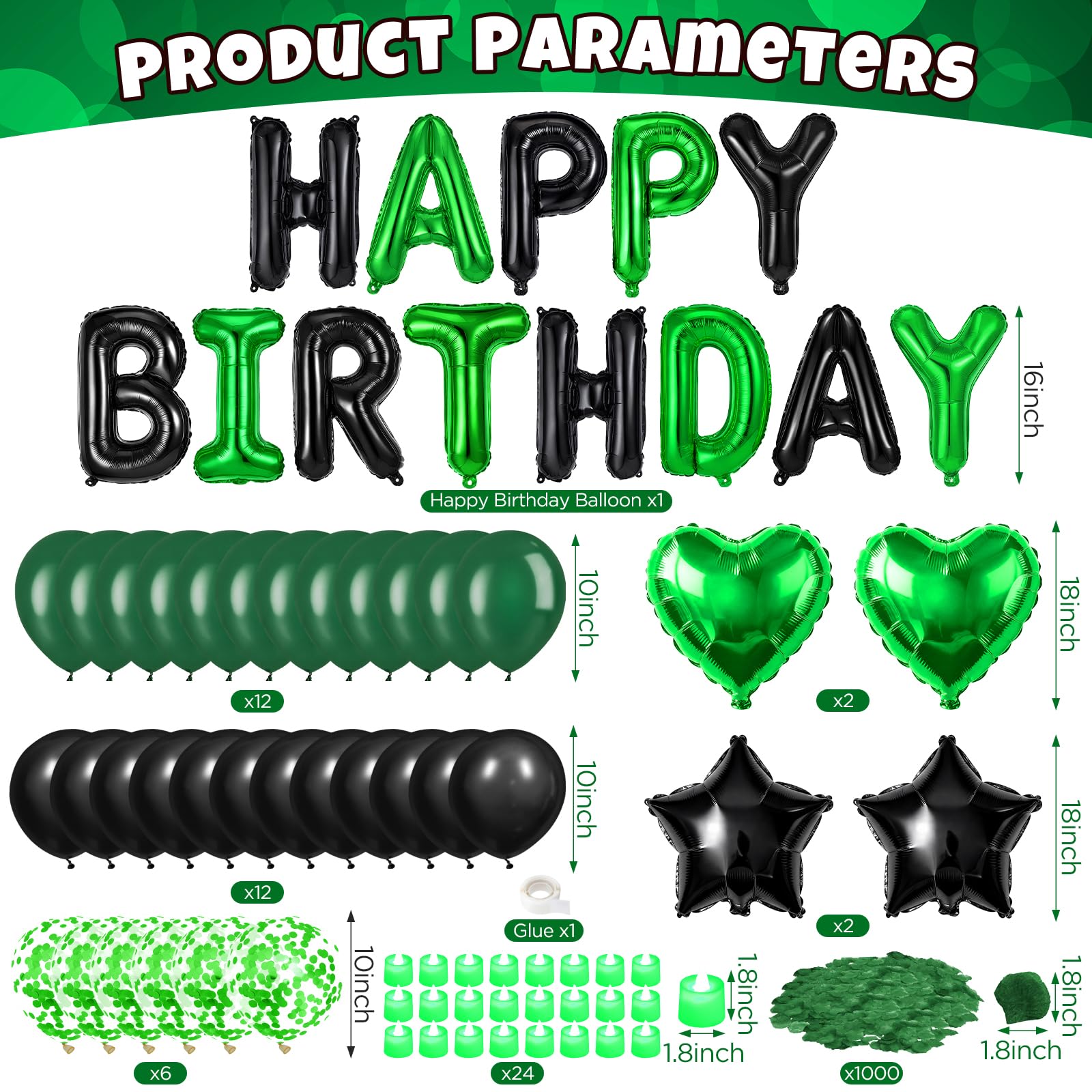Ballons décoratifs « Happy Birthday » verts et noirs - Bannière de ballons d'anniversaire avec étoiles et cœurs - 1 000 pétales de rose artificiels - 24 bougies LED sans flamme pour fête