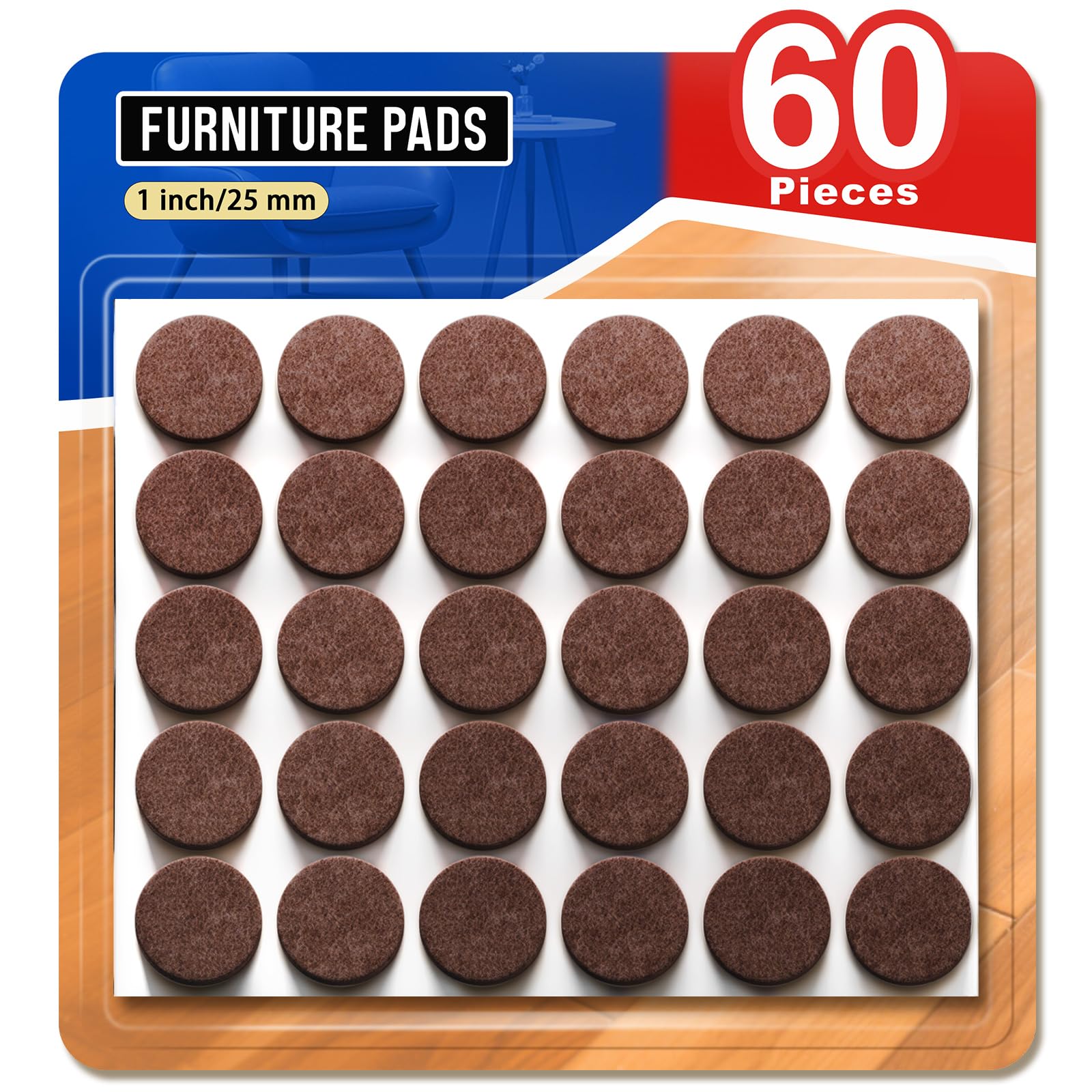 Ansible Chair Leg Floor Protectors, Felt Furniture Pads 60 Pcs Self-Adhesive Pads for Furniture Feet, Anti-Scratches and Reduce Noise (Brown 25mm)