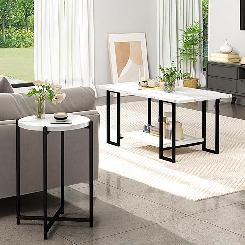 Miniatura 6 de Hooseng Juego de 3 mesas auxiliares y mesas auxiliares, moderno juego de mesa de sala de estar con marco de metal para apartamento, hogar, oficina,