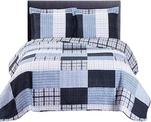 Royal Tradition Juego de edredón de 3 piezas con estampado de patchwork zoe, microfibra, tamaño King California King, color azul