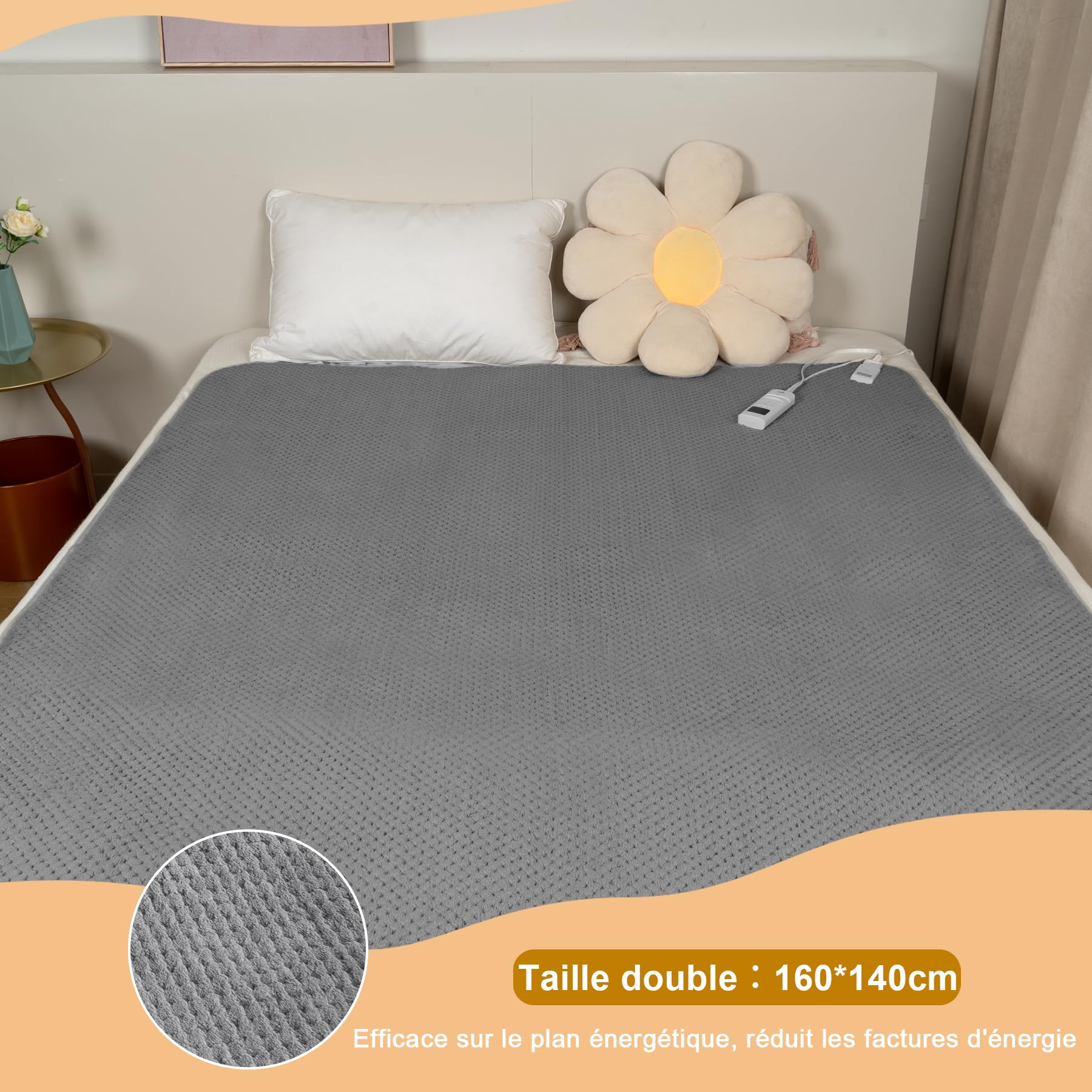 TOPS Couverture électrique double 160 x 140cm, 18-48℃ Réglage de la chaleur, 3 niveaux d'arrêt automatique, protection contre la surchauffe, lavable en machine