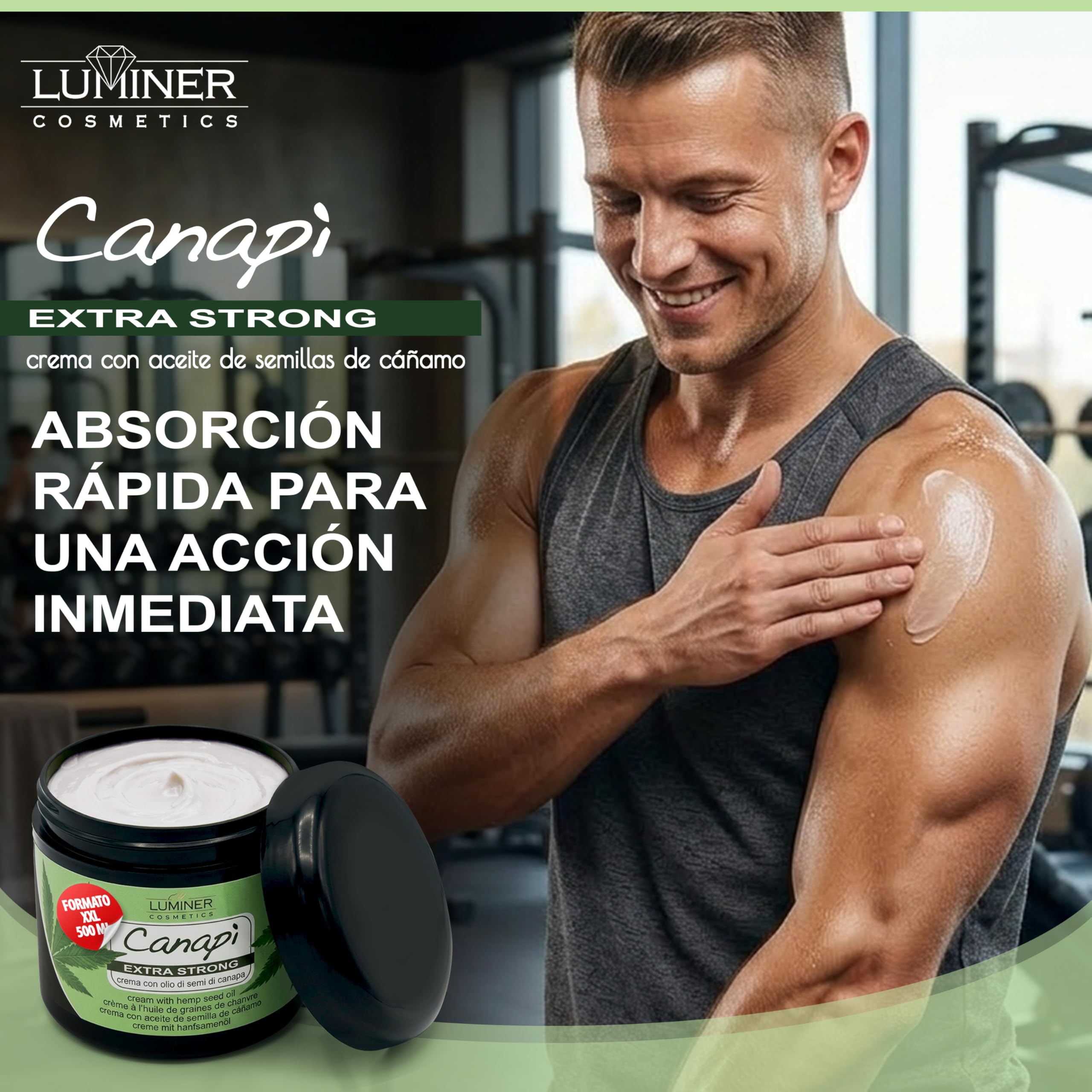 Luminer Crema de aceite de semillas de Cáñamo 500 ml – Gel de masaje con aceite de semillas de cáñamo, árnica y harpagofito – Rápida absorción