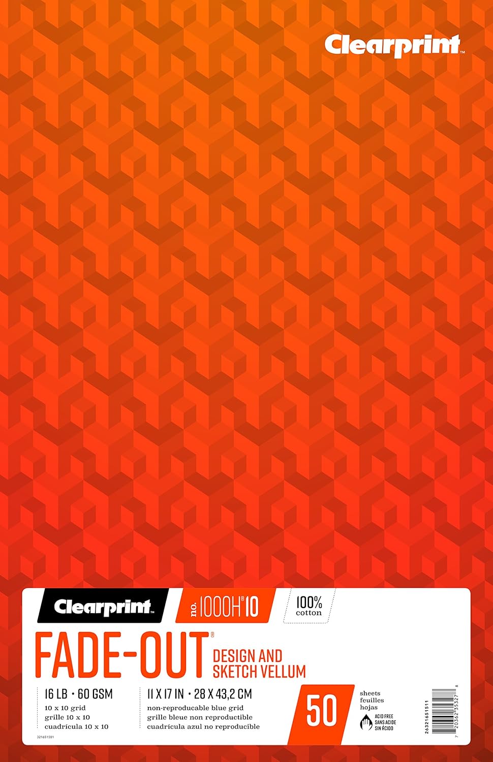 Clearprint 11" x 17" 1000H 100% Cotton Design Vellum Pad with 10x10 Fade-Out Grid, 16 lb. / 60 GSM, 50 Sheets/Pad, 1 Each