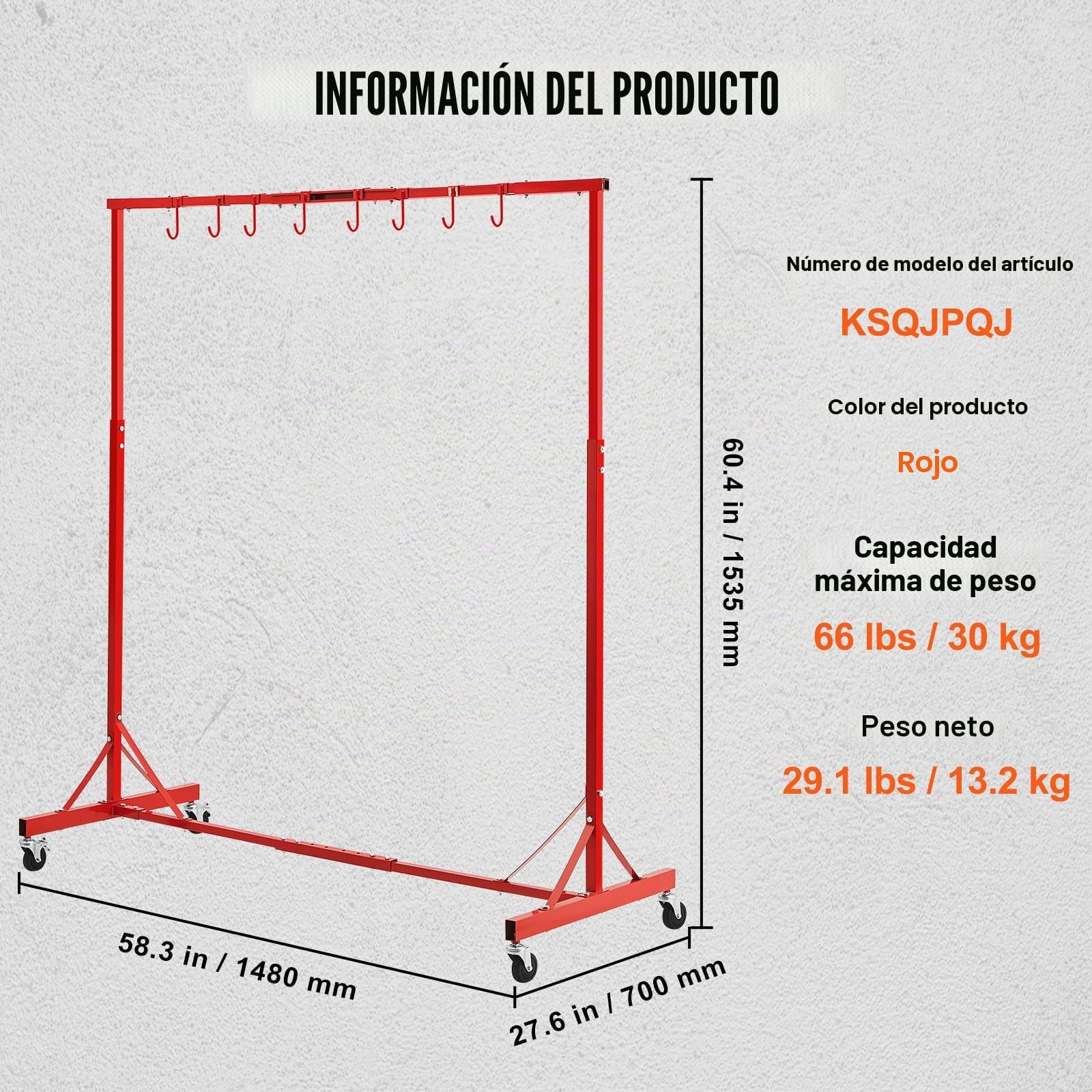 VEVOR Estante para Pintura de 1480 x 700 x 1535 mm Capacidad de Carga de 30 kg Estante para Secado de Pintura Automotriz con 8 Ganchos, 4 Ruedas Giratorias, Soporte para Carrocería de Automóvil, Rojo