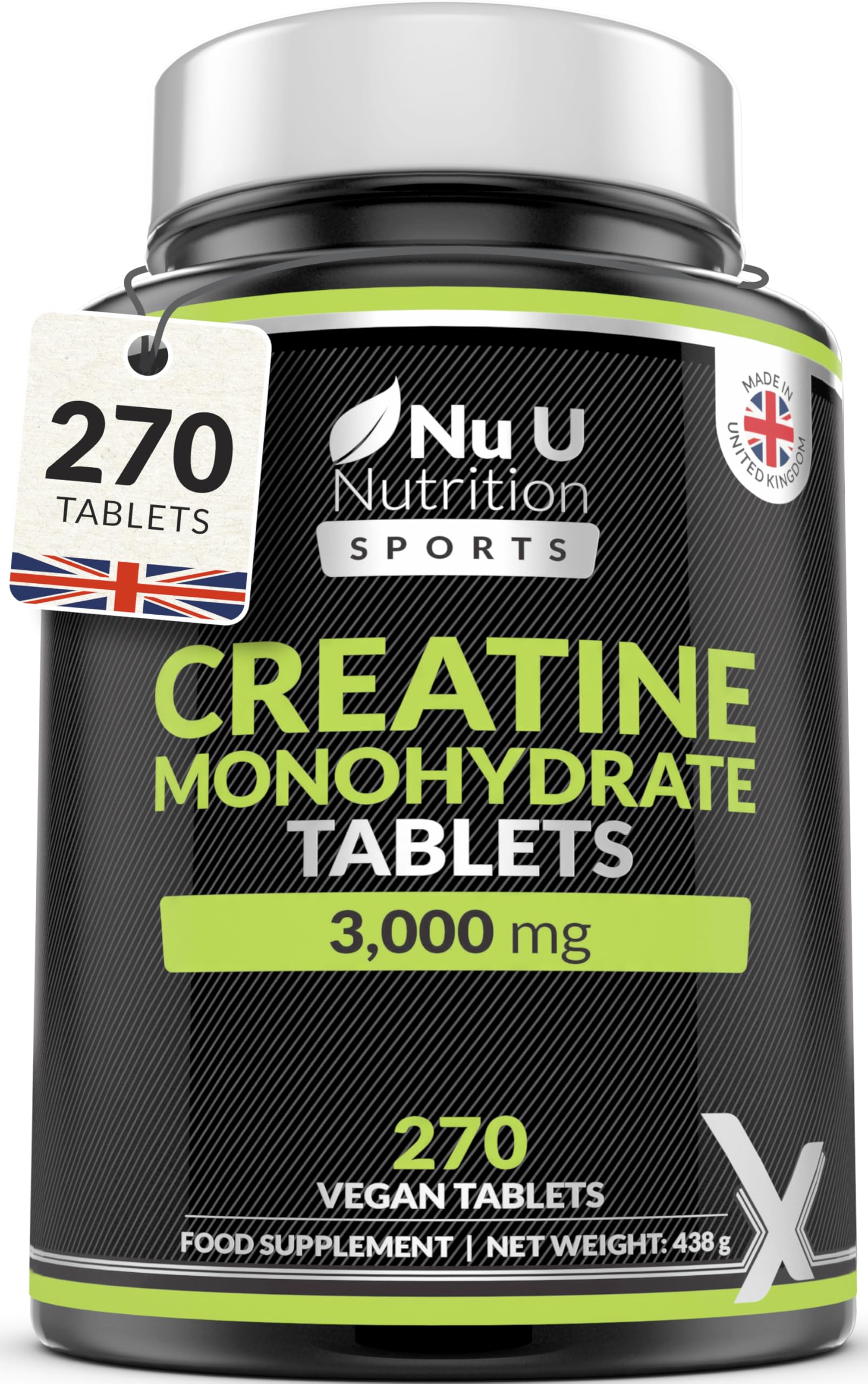 Creatine Monohydrate Tablets 3000mg - 270 Vegan Tablets - 3 Month Supply - Pre Workout Supplement for Men & Women - Powder & Capsules Alternative - Made in The UK
