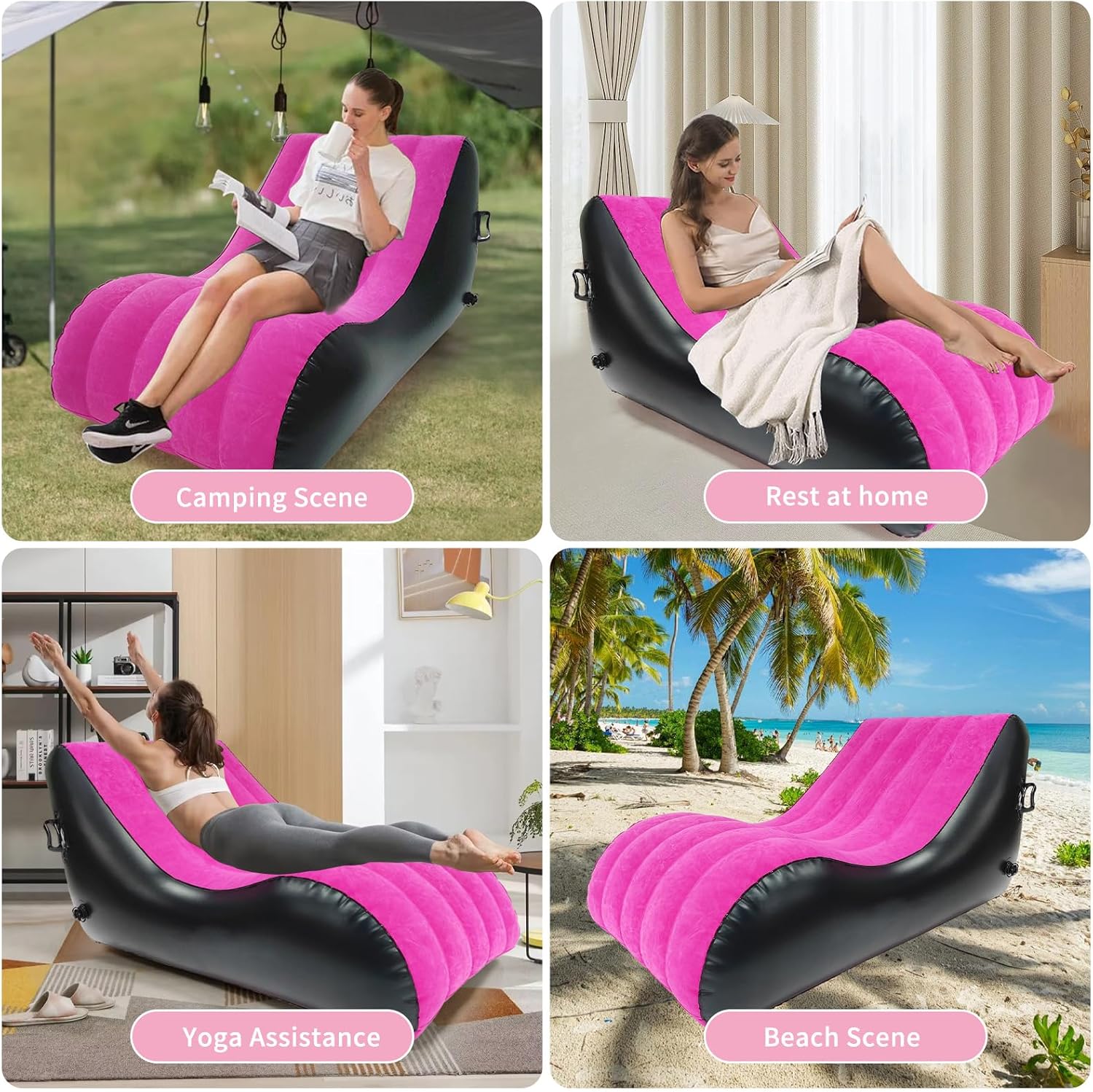 Chaise Lounger Inflatable Sofa Air Chair Portable Leisure Lounger S-Shaped with Air Pump for Indoor Living Room Bedroom, Outdoor Folding Blow Up Bed Backyard Garden Beach. (Rose Red)